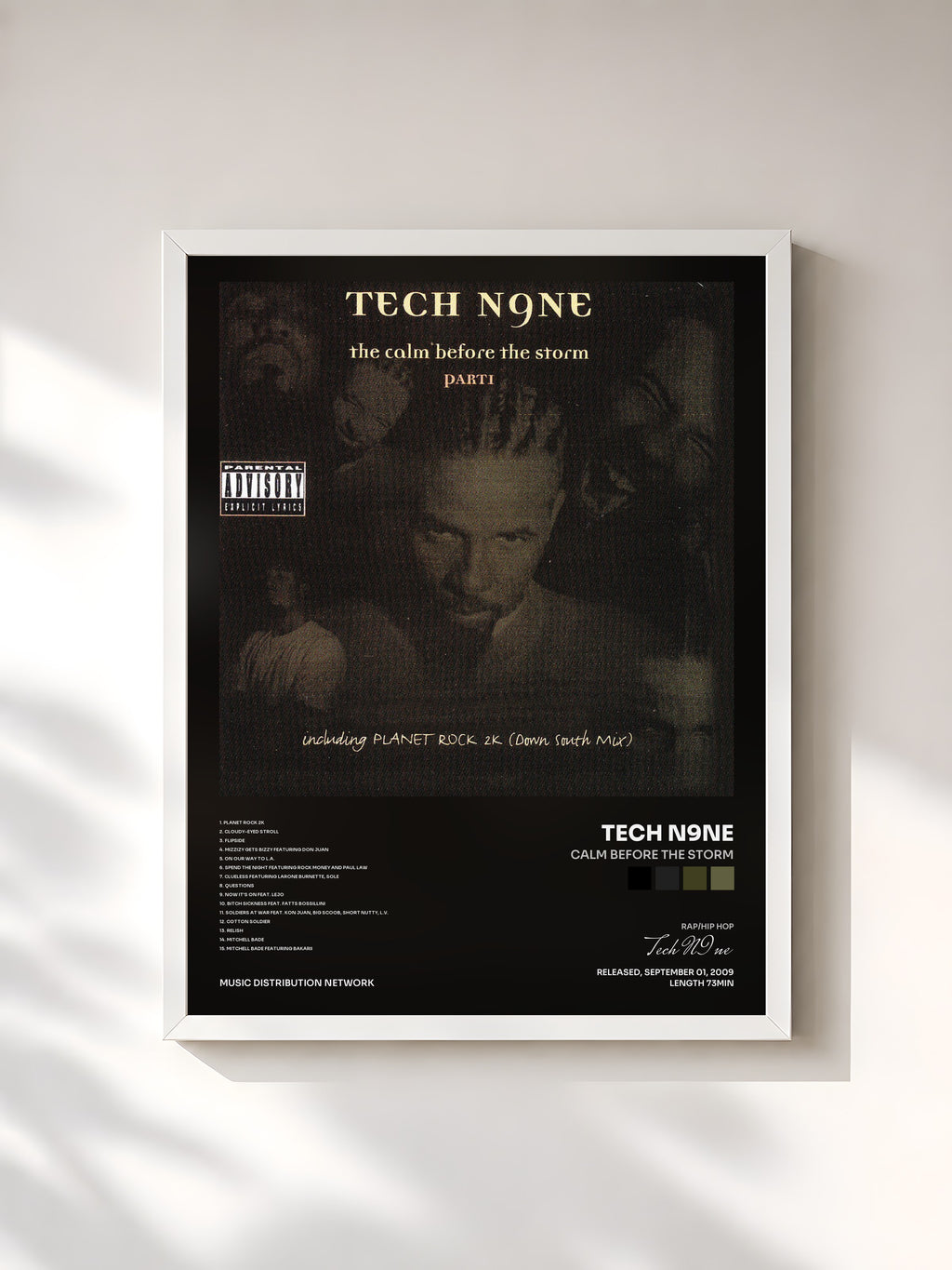 #blanc Tableau de l'album Calm Before the Storm de Tech N9ne, cadre blanc, imprimé et encadré en France