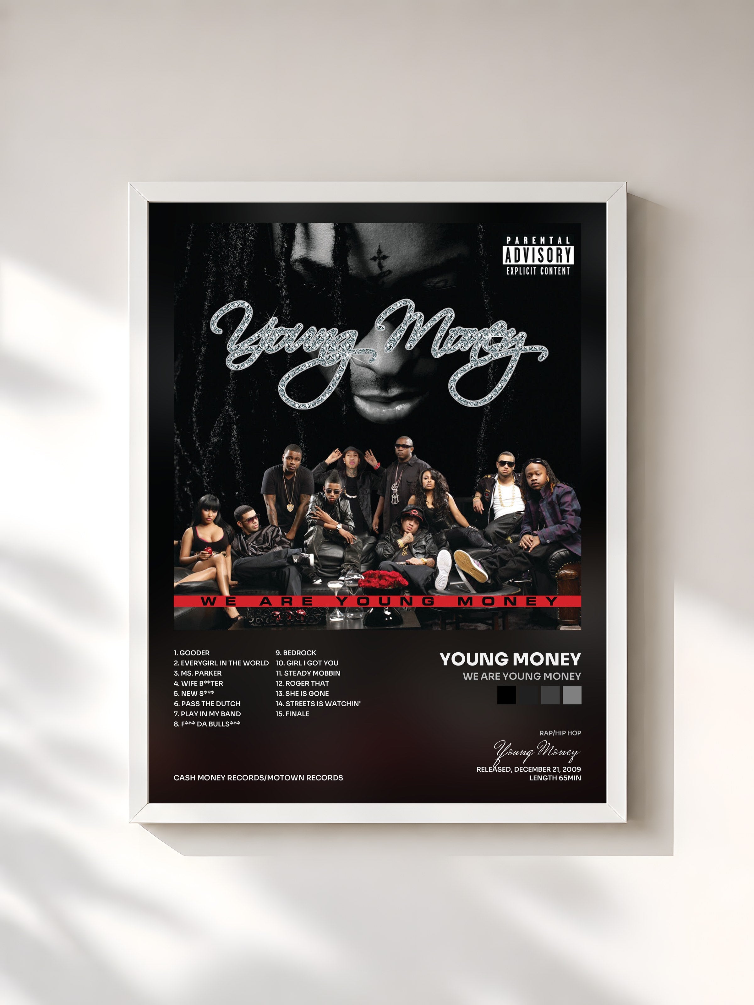 #blanc Tableau de l'album We Are Young Money de Young Money, cadre blanc, imprimé et encadré en France