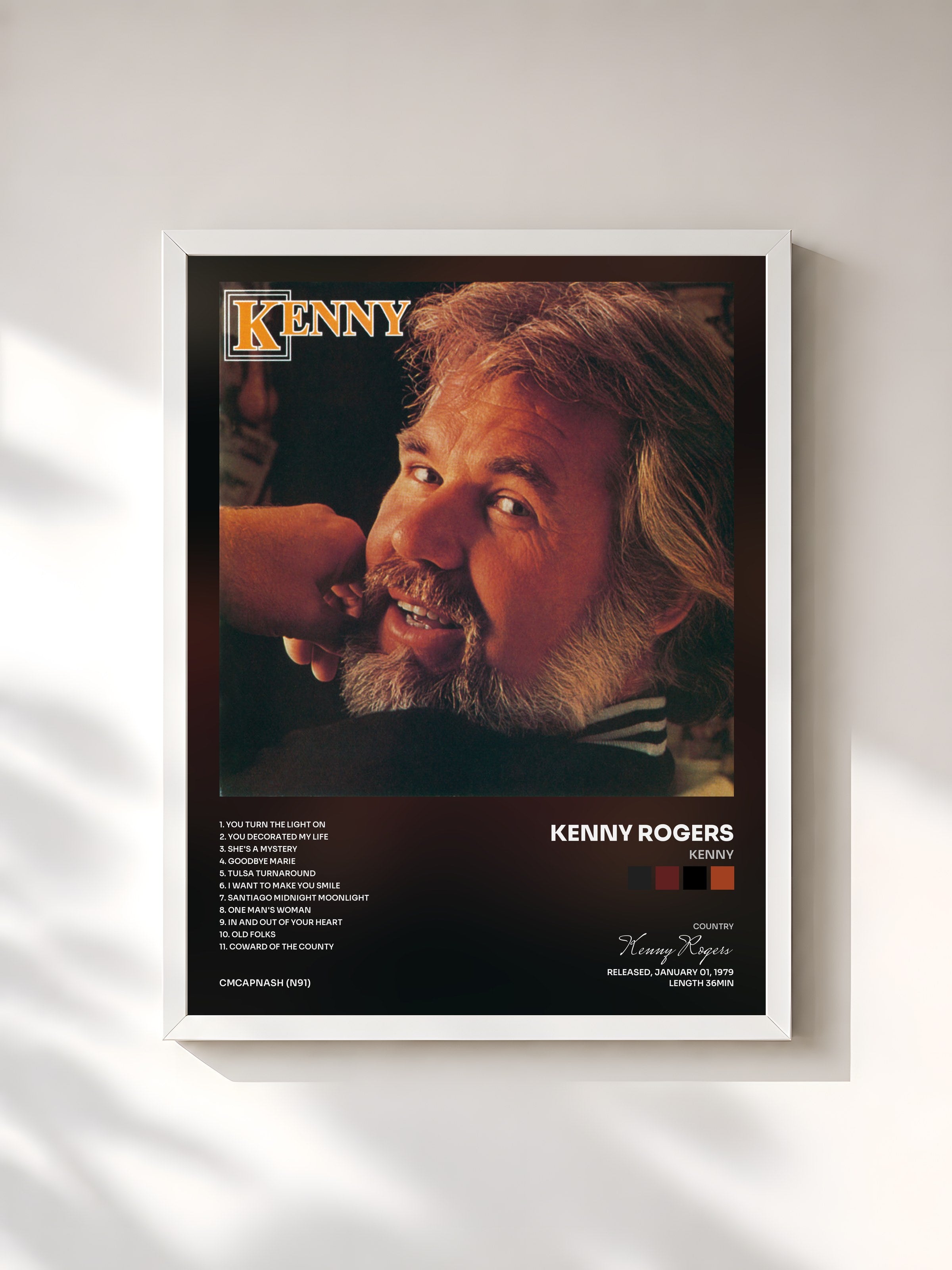#blanc Tableau de l'album Kenny de Kenny Rogers, cadre blanc, imprimé et encadré en France