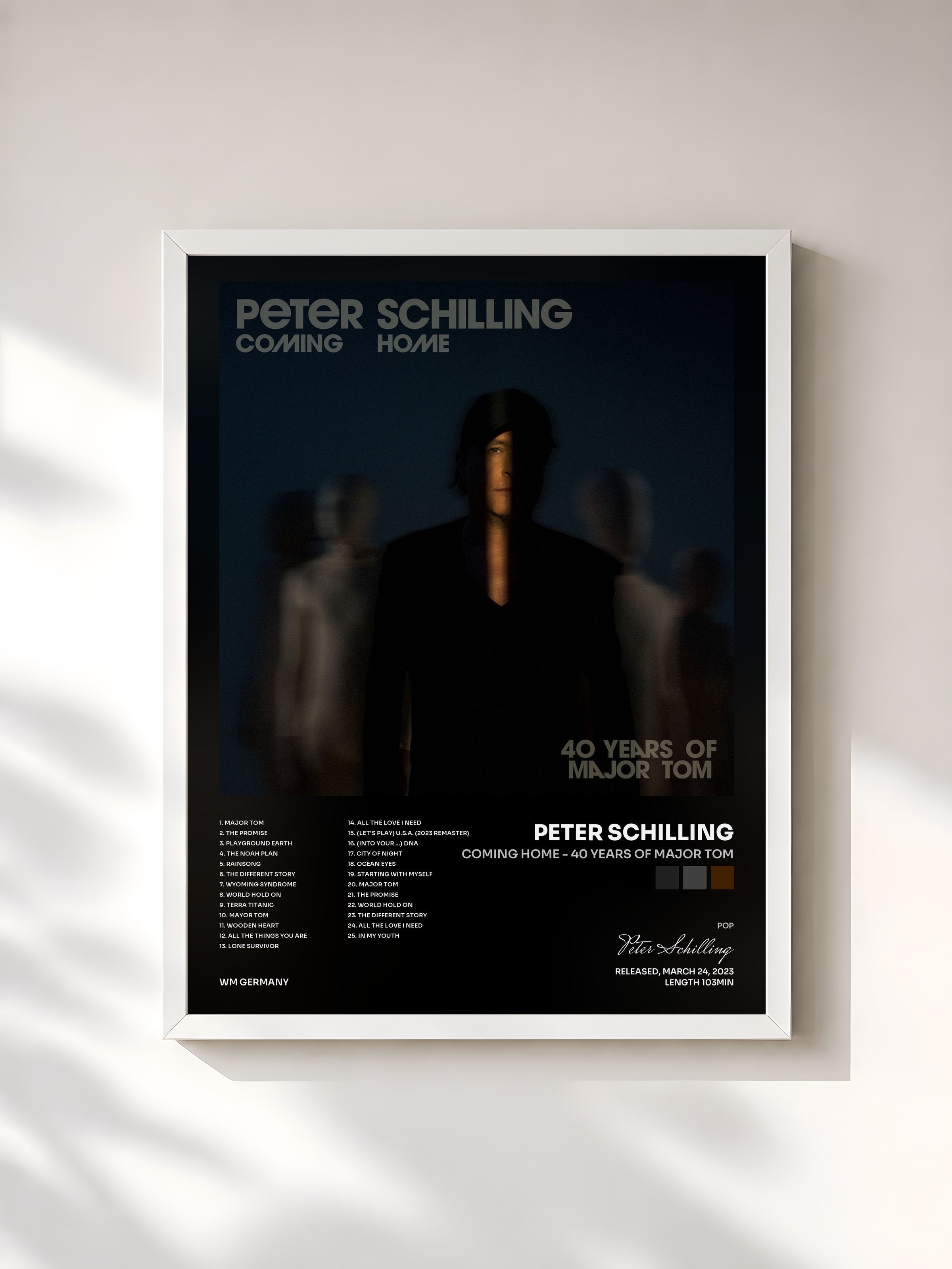 #blanc Tableau de l'album Coming Home - 40 Years of Major Tom de Peter Schilling, cadre blanc, imprimé et encadré en France