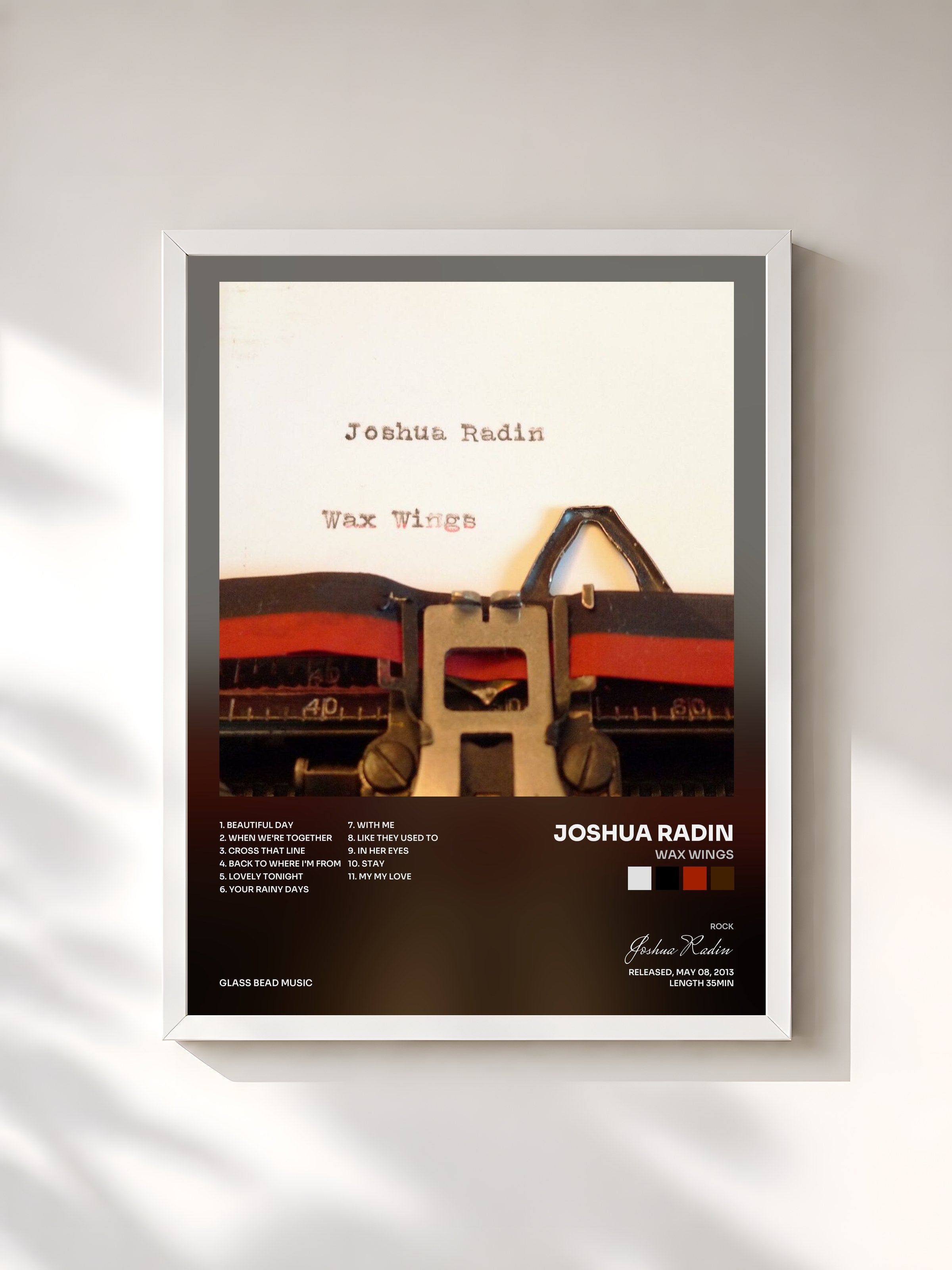 #blanc Tableau de l'album Wax Wings de Joshua Radin, cadre blanc, imprimé et encadré en France