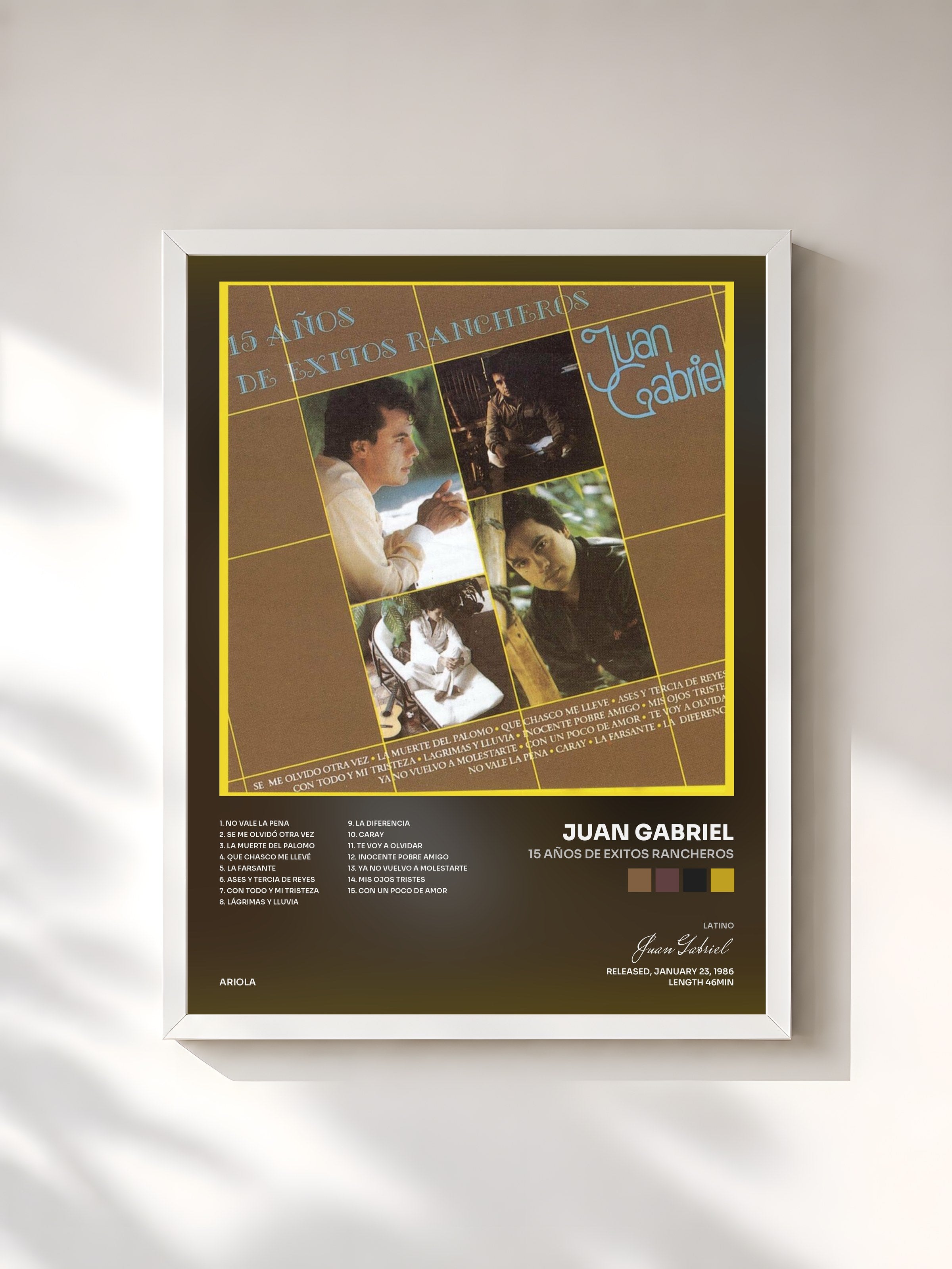 #blanc Tableau de l'album 15 Años De Exitos Rancheros de Juan Gabriel, cadre blanc, imprimé et encadré en France