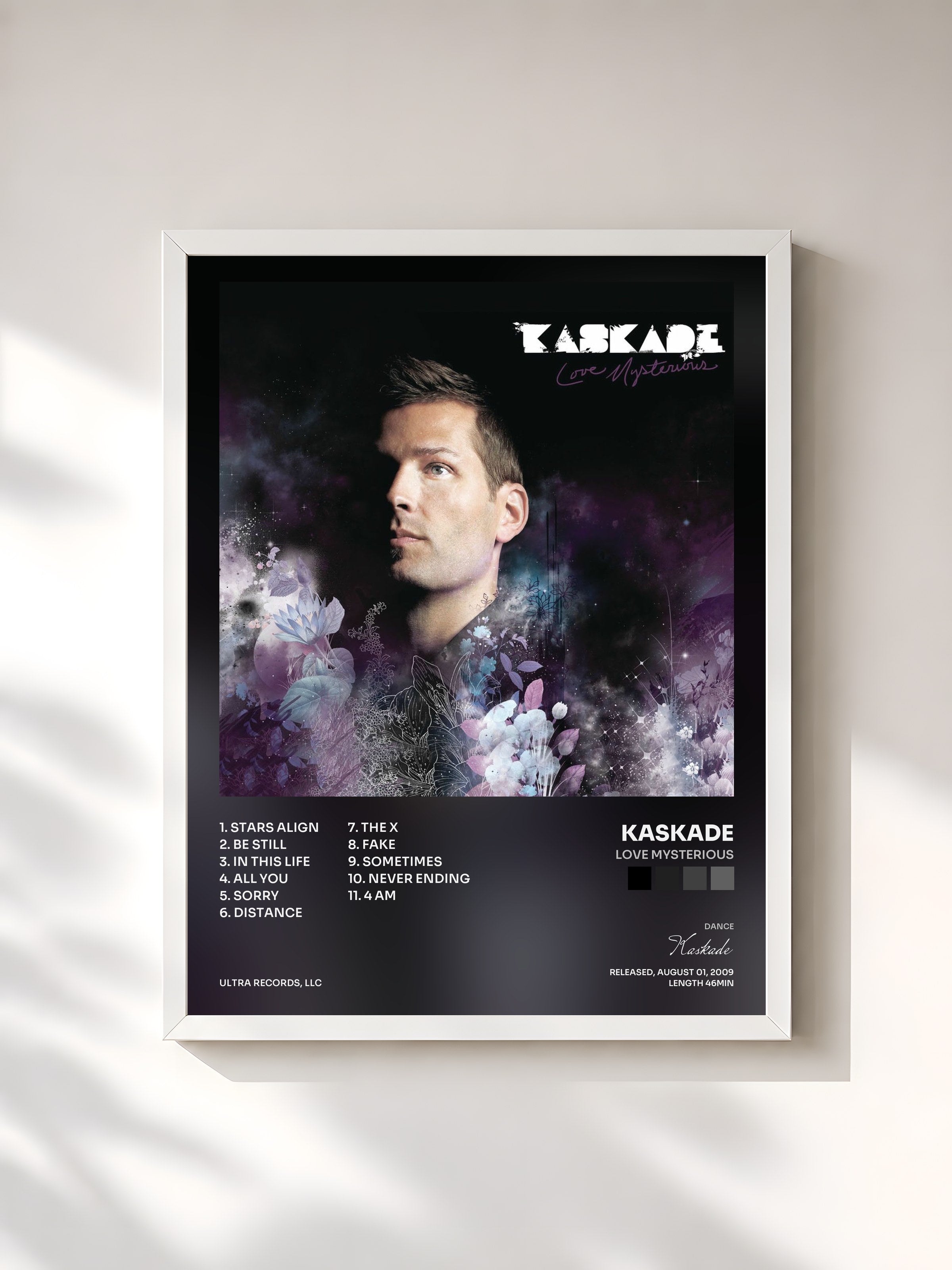 #blanc Tableau de l'album Love Mysterious de Kaskade, cadre blanc, imprimé et encadré en France
