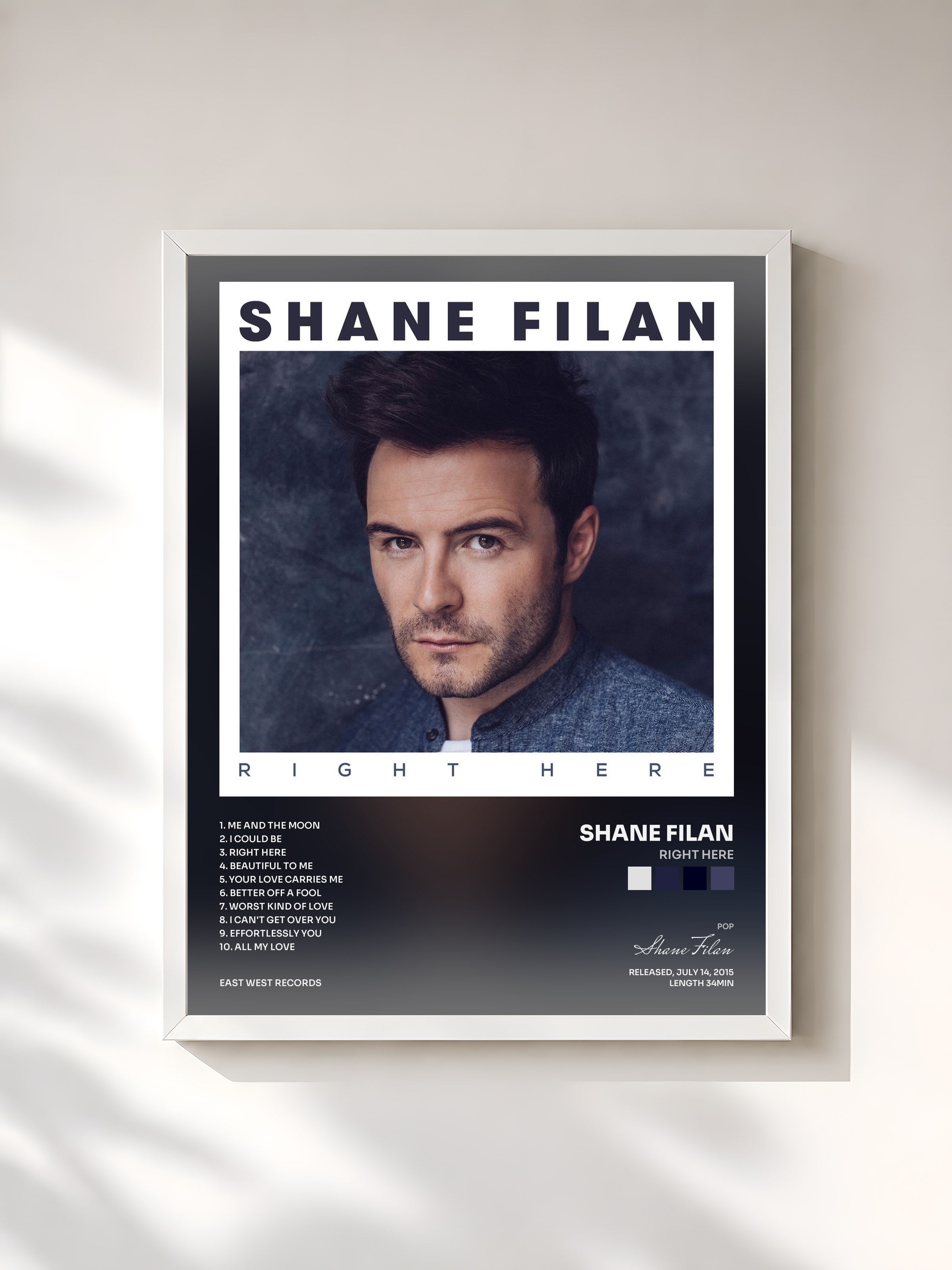 #blanc Tableau de l'album Right Here de Shane Filan, cadre blanc, imprimé et encadré en France
