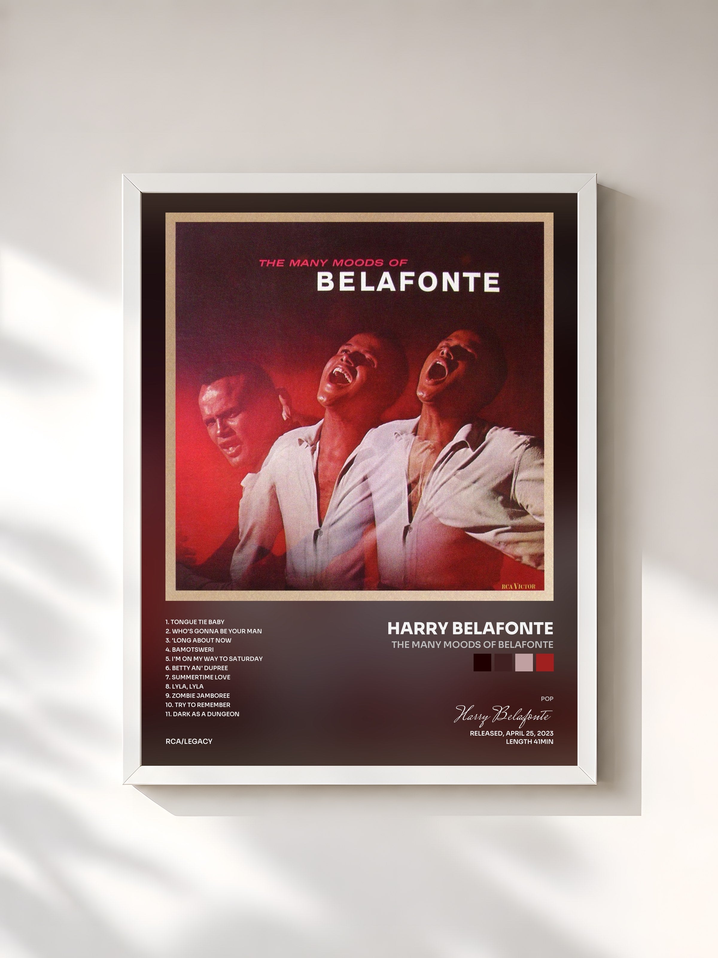 #blanc Tableau de l'album The Many Moods Of Belafonte de Harry Belafonte, cadre blanc, imprimé et encadré en France