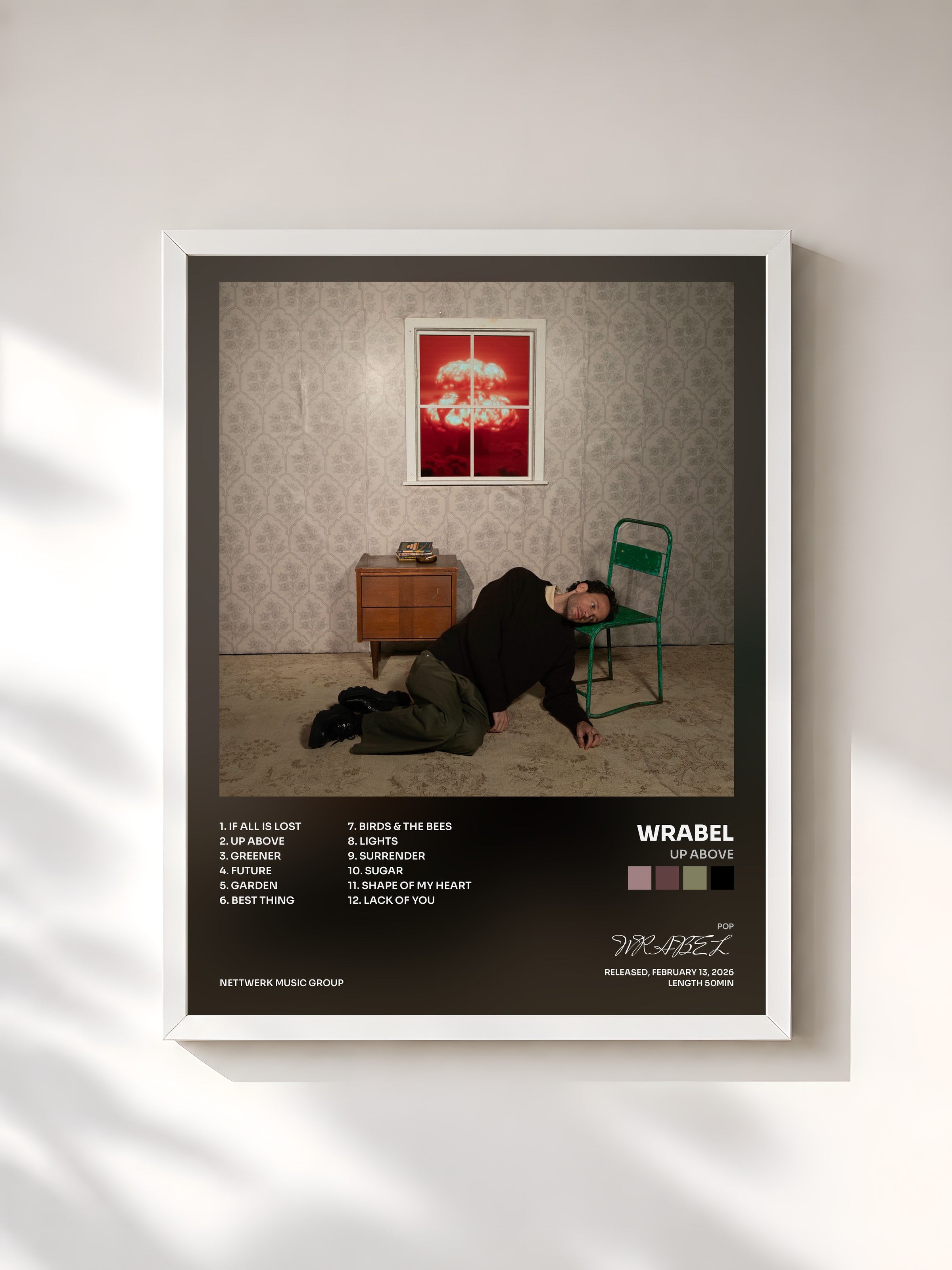 #blanc Tableau de l'album up above de WRABEL, cadre blanc, imprimé et encadré en France