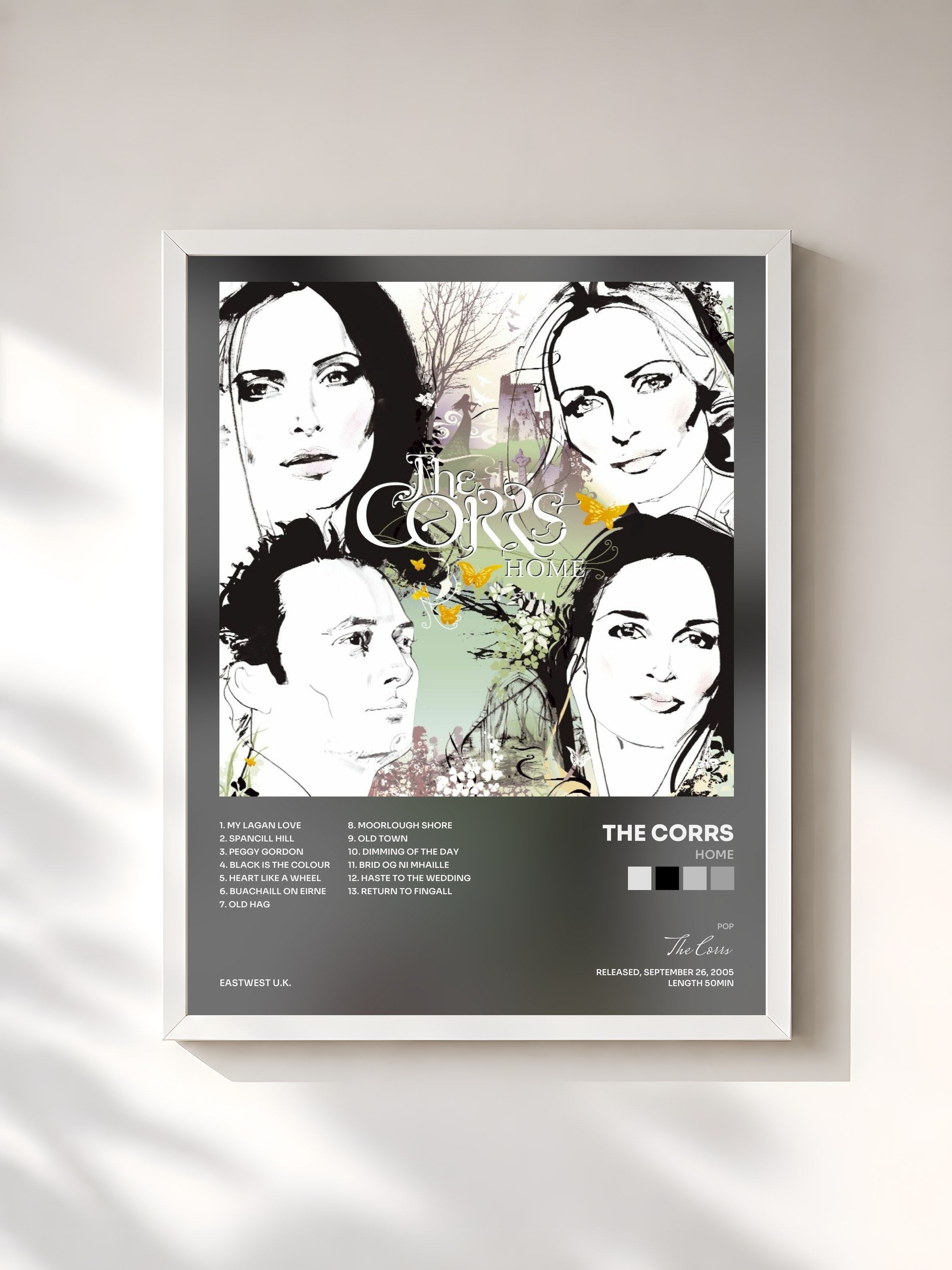 #blanc Tableau de l'album Home de The Corrs, cadre blanc, imprimé et encadré en France