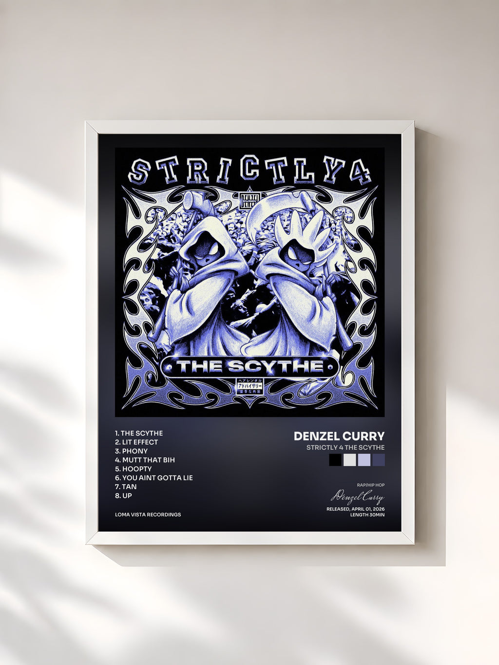 #blanc Tableau de l'album Strictly 4 The Scythe de Denzel Curry, cadre blanc, imprimé et encadré en France