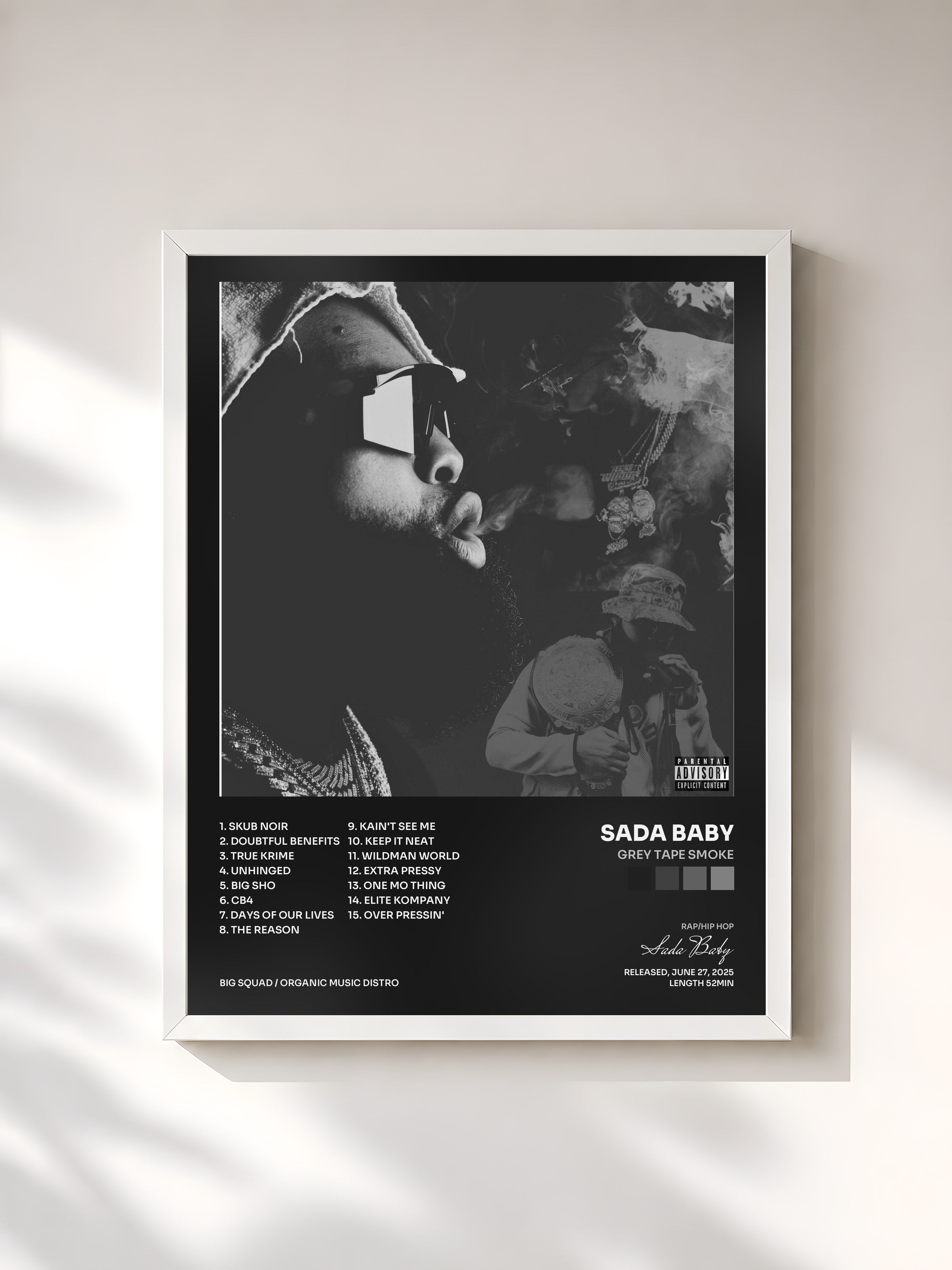 #blanc Tableau de l'album Grey Tape SMOKE de Sada Baby, cadre blanc, imprimé et encadré en France