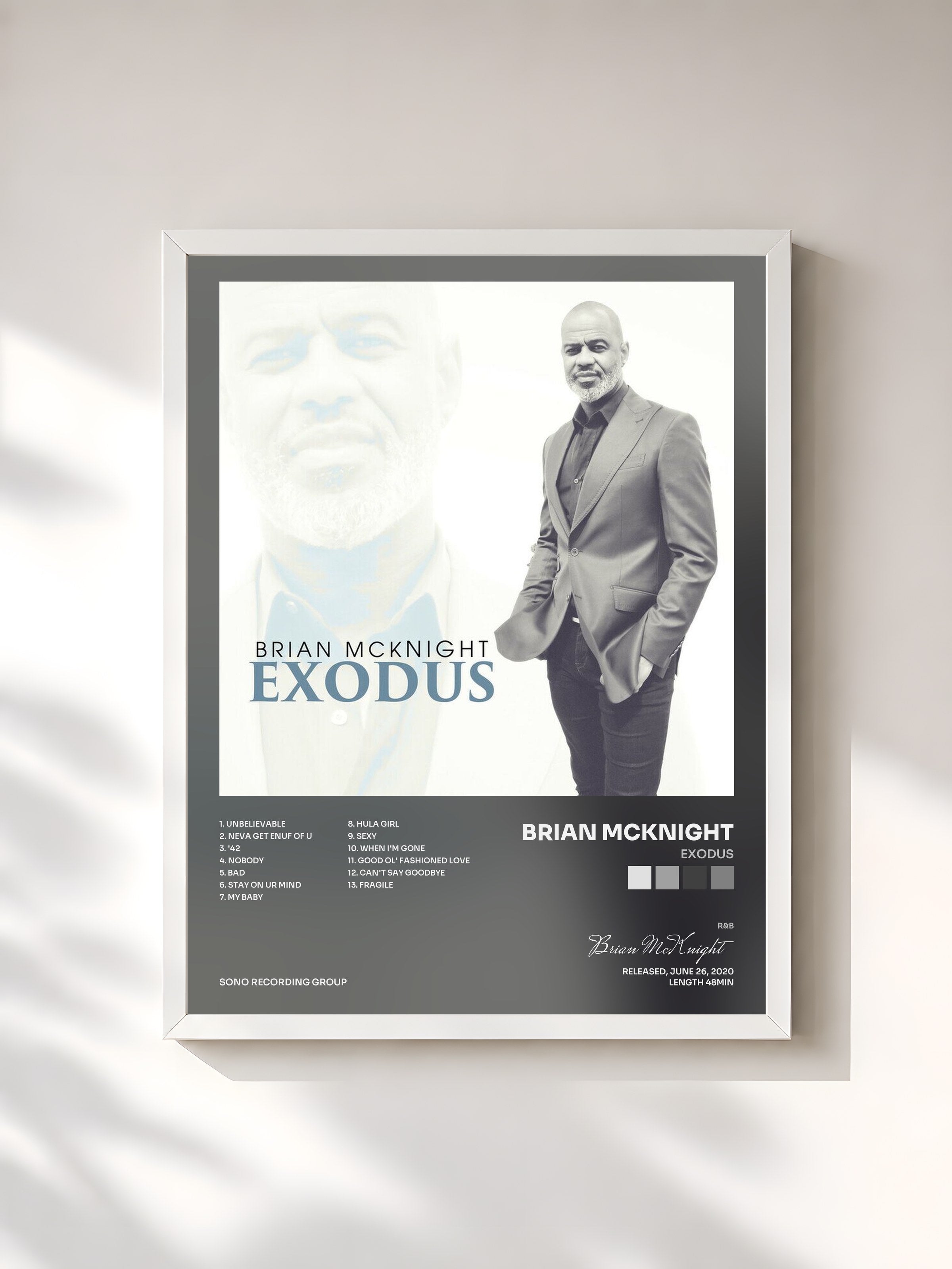 #blanc Tableau de l'album Exodus de Brian McKnight, cadre blanc, imprimé et encadré en France