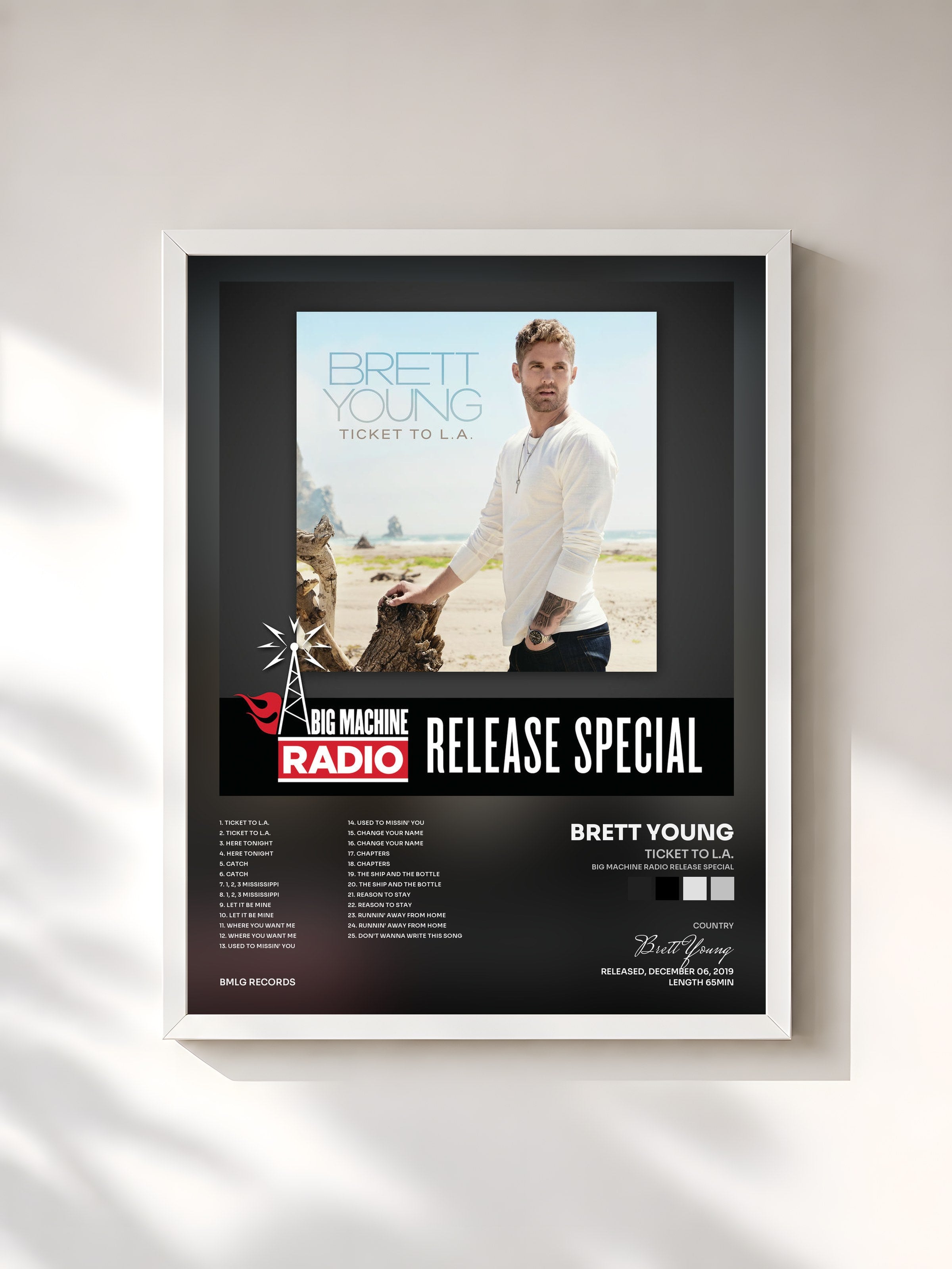 #blanc Tableau de l'album Ticket To L.A. (Big Machine Radio Release Special) de Brett Young, cadre blanc, imprimé et encadré en France