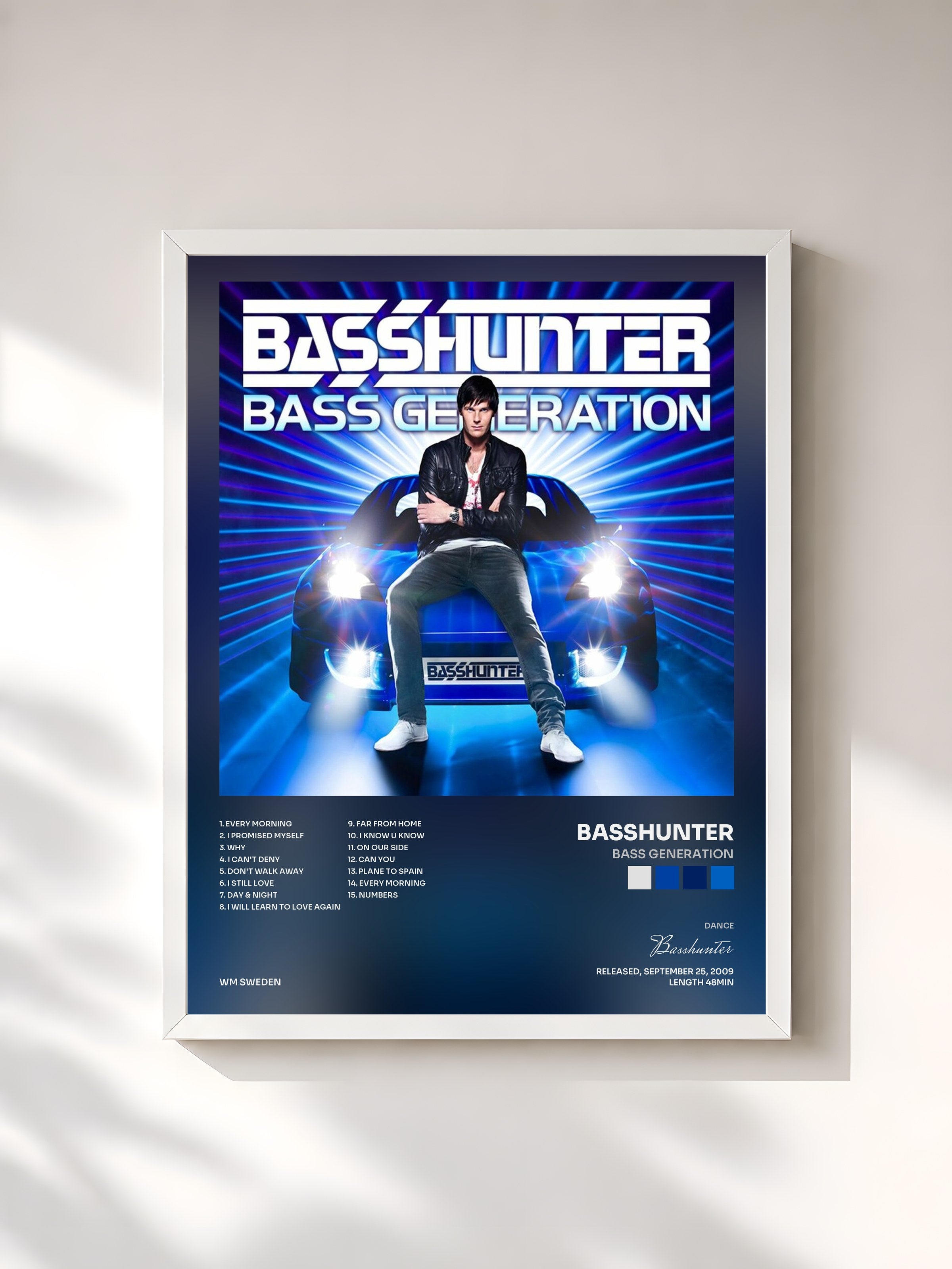 #blanc Tableau de l'album Bass Generation de Basshunter, cadre blanc, imprimé et encadré en France