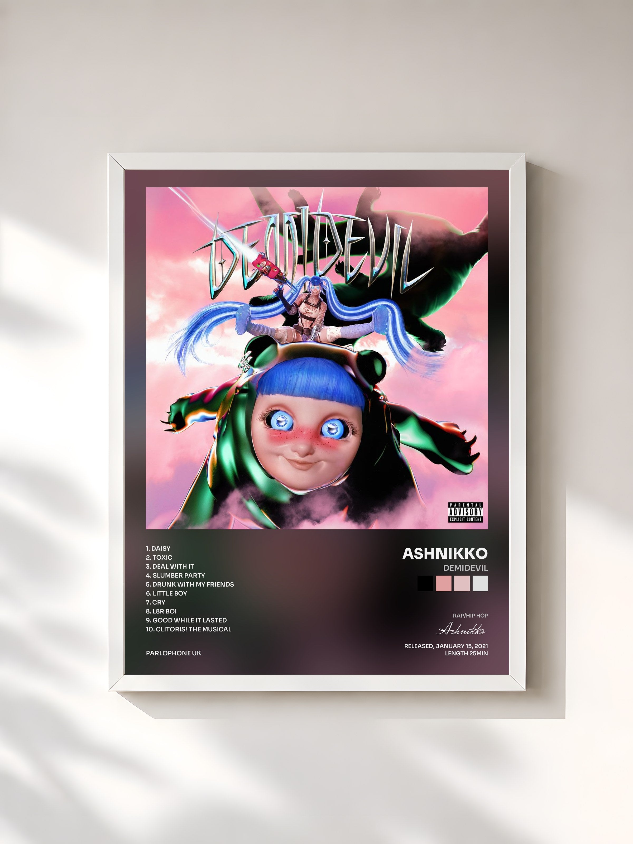 #blanc Tableau de l'album DEMIDEVIL de Ashnikko, cadre blanc, imprimé et encadré en France