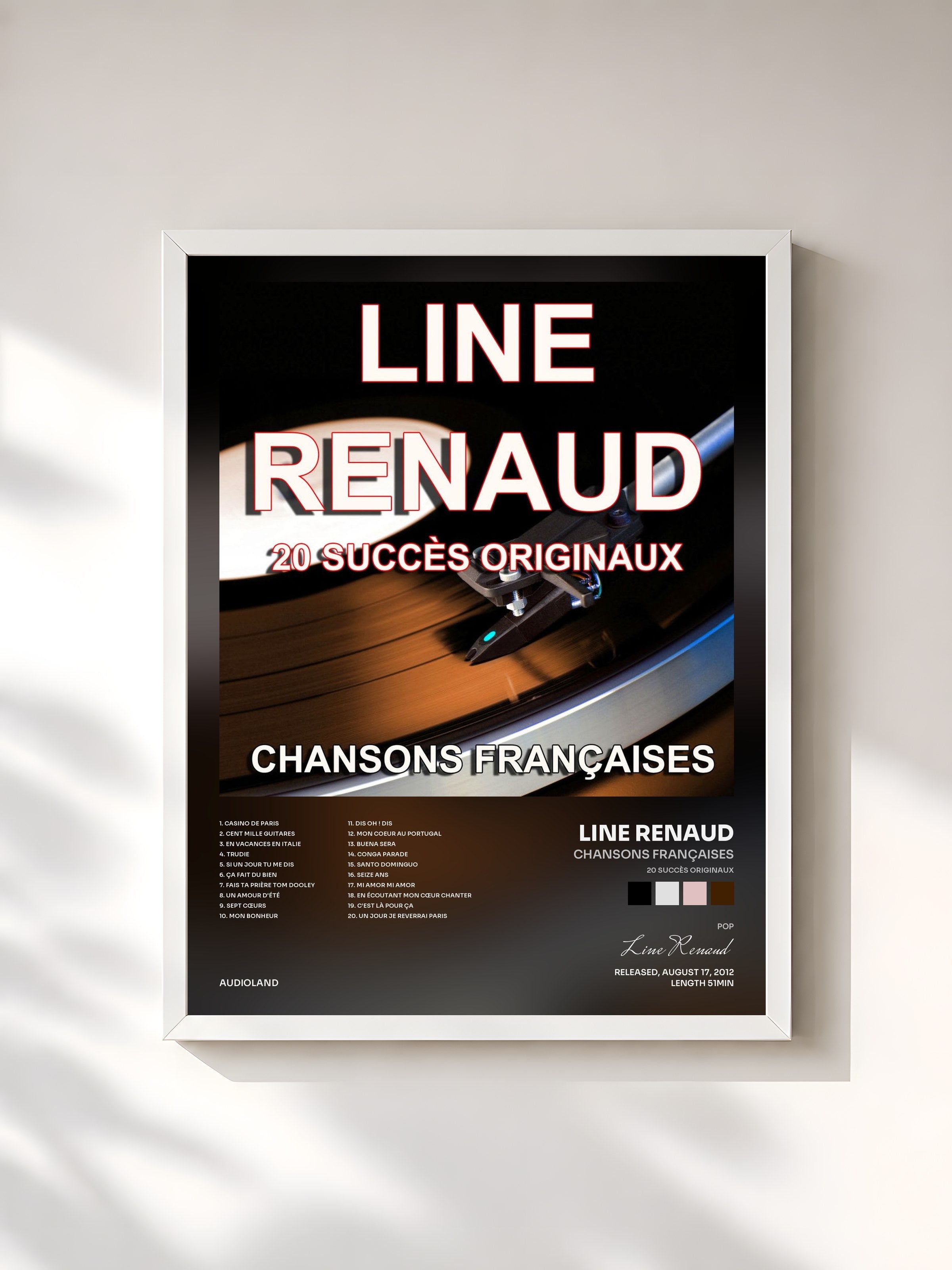 #blanc Tableau de l'album Chansons françaises (20 succès originaux) de Line Renaud, cadre blanc, imprimé et encadré en France