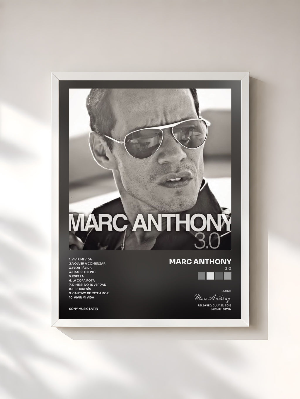 #blanc Tableau de l'album 3.0 de Marc Anthony, cadre blanc, imprimé et encadré en France