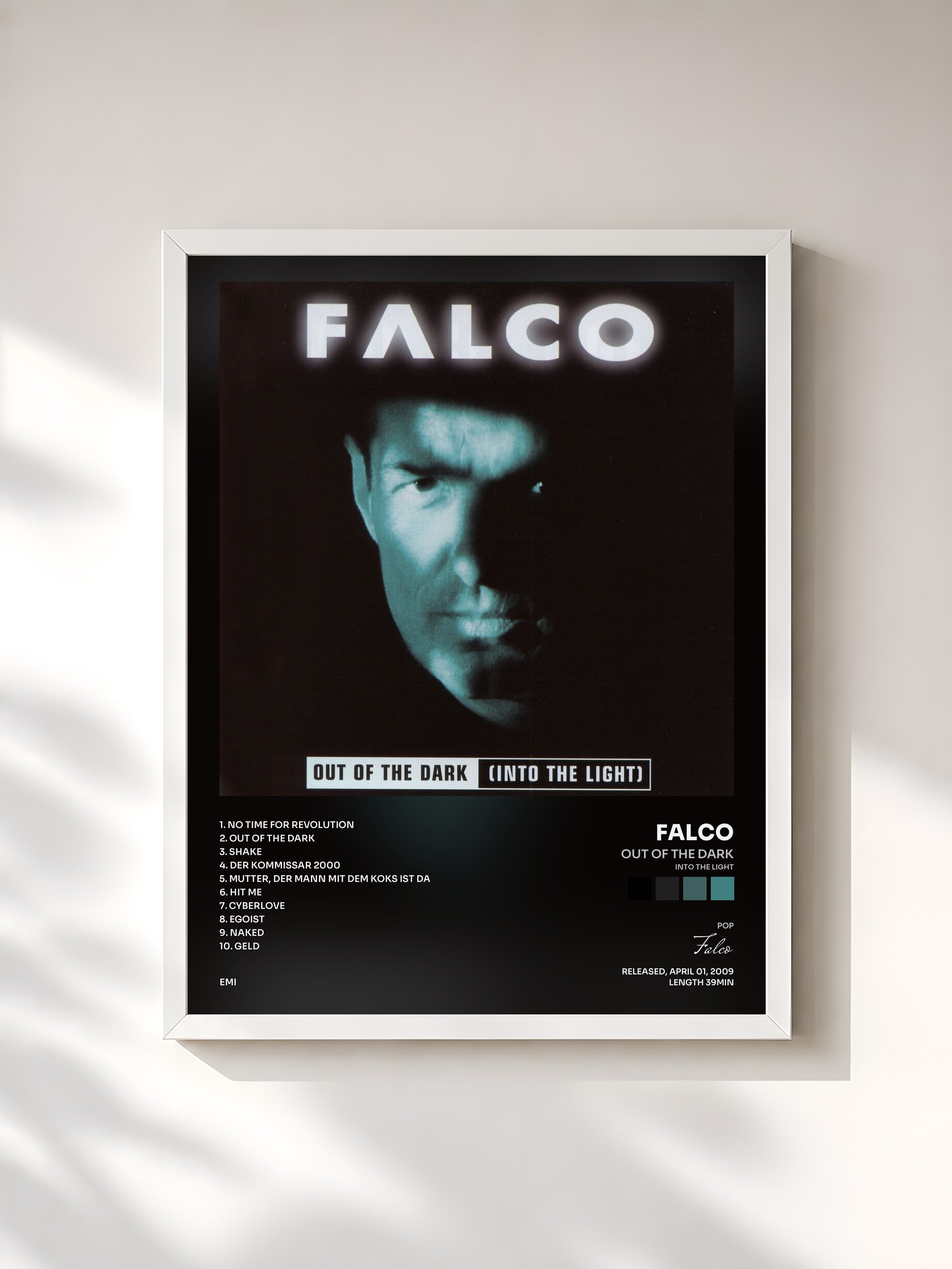 #blanc Tableau de l'album Out Of The Dark (Into The Light) de Falco, cadre blanc, imprimé et encadré en France