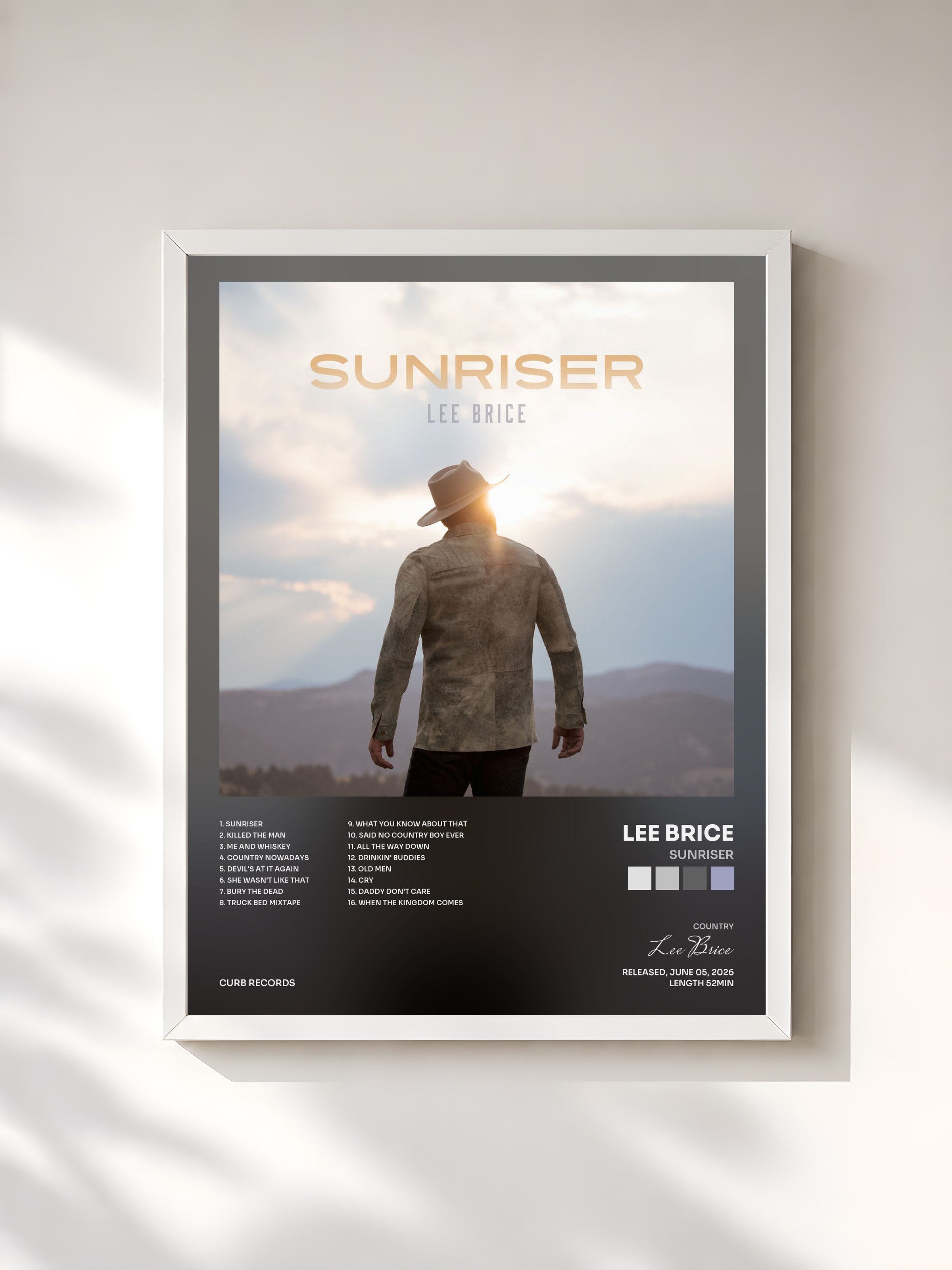 #blanc Tableau de l'album Sunriser de Lee Brice, cadre blanc, imprimé et encadré en France