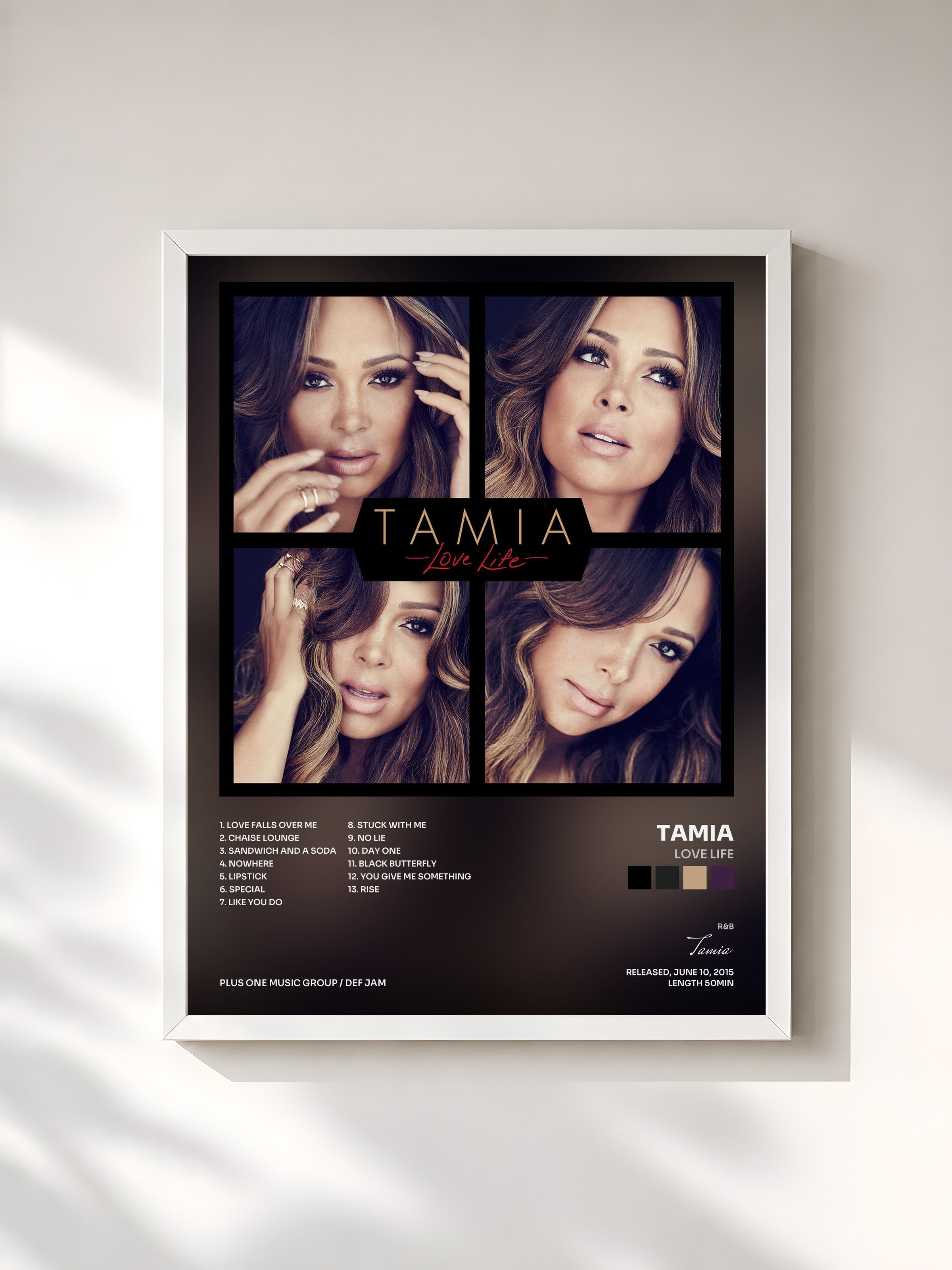 #blanc Tableau de l'album Love Life de Tamia, cadre blanc, imprimé et encadré en France