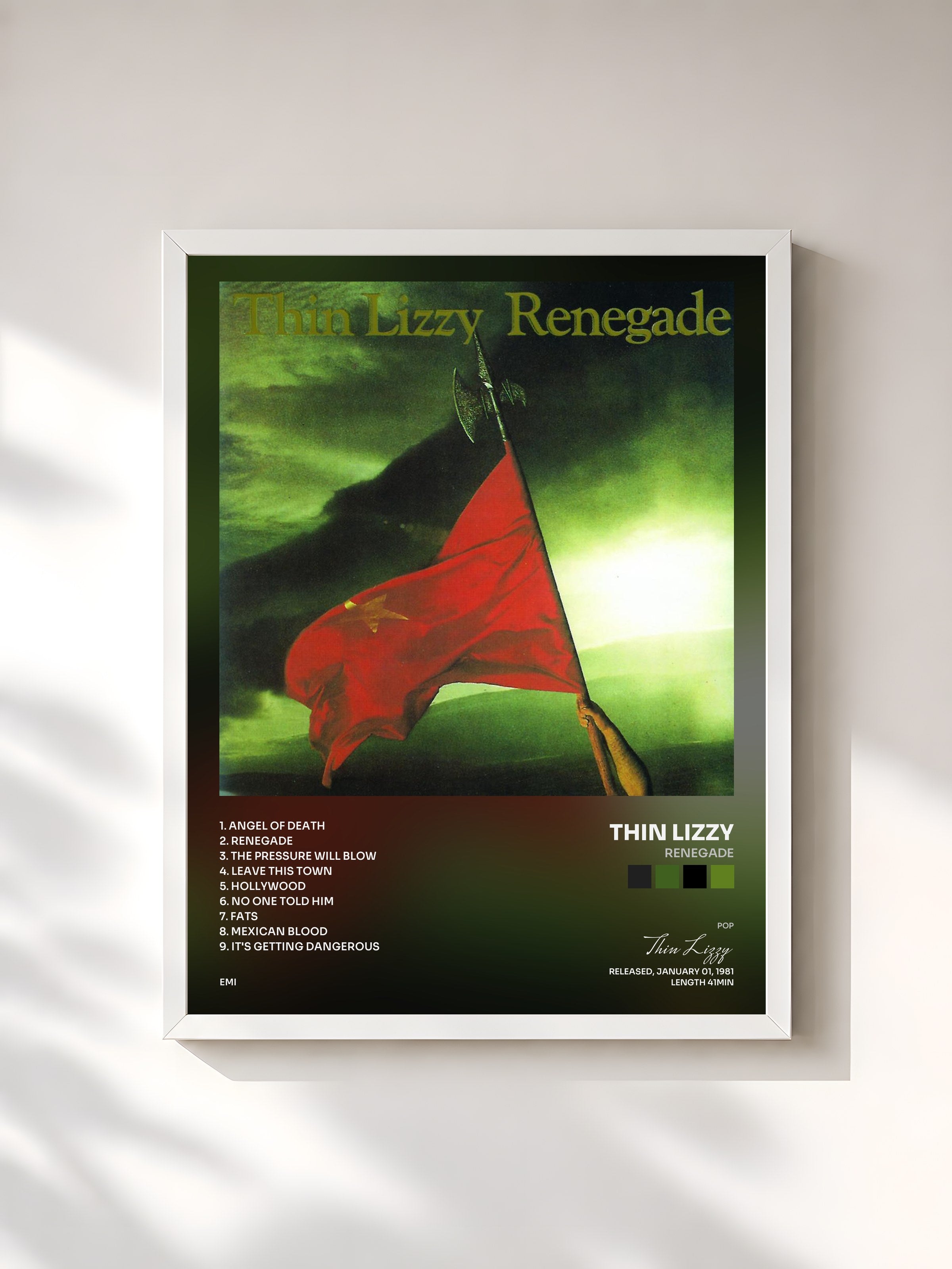 #blanc Tableau de l'album Renegade de Thin Lizzy, cadre blanc, imprimé et encadré en France