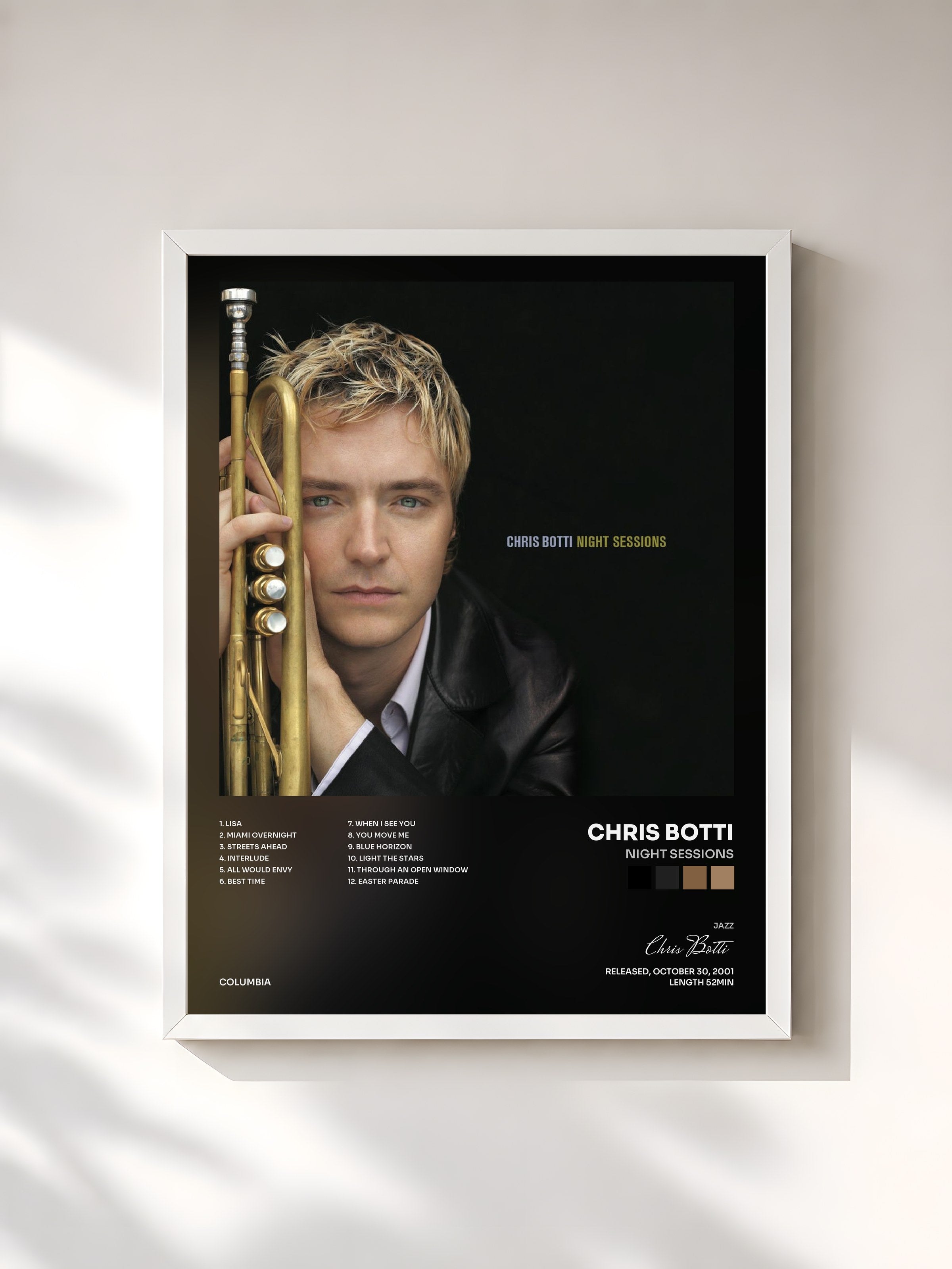 #blanc Tableau de l'album Night Sessions de Chris Botti, cadre blanc, imprimé et encadré en France
