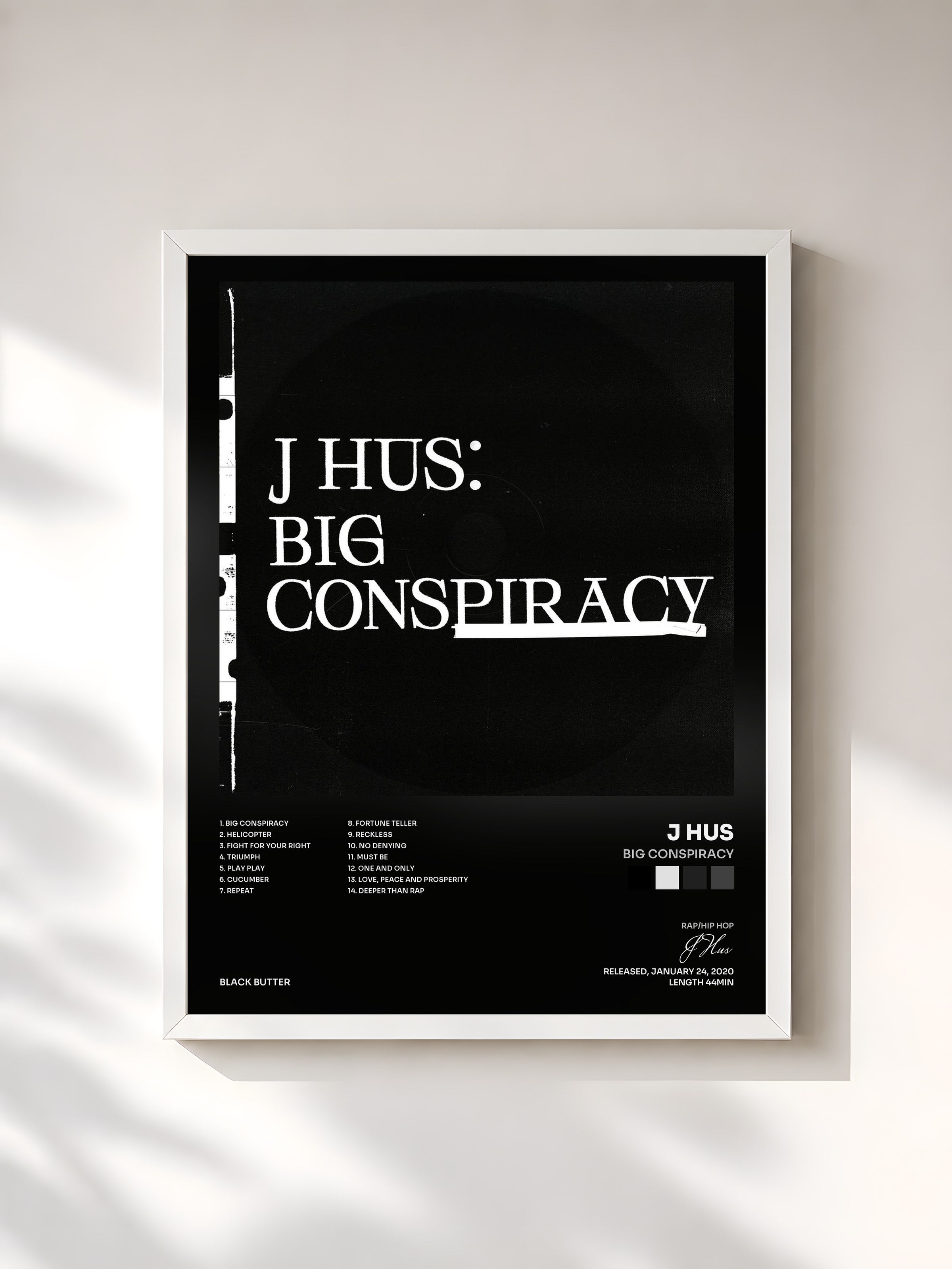 #blanc Tableau de l'album Big Conspiracy de J Hus, cadre blanc, imprimé et encadré en France