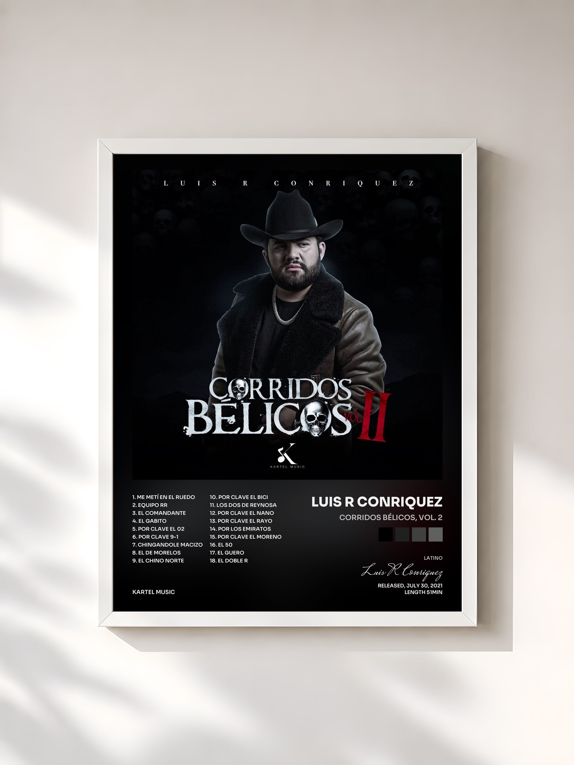 #blanc Tableau de l'album Corridos Bélicos, Vol. 2 de Luis R Conriquez, cadre blanc, imprimé et encadré en France