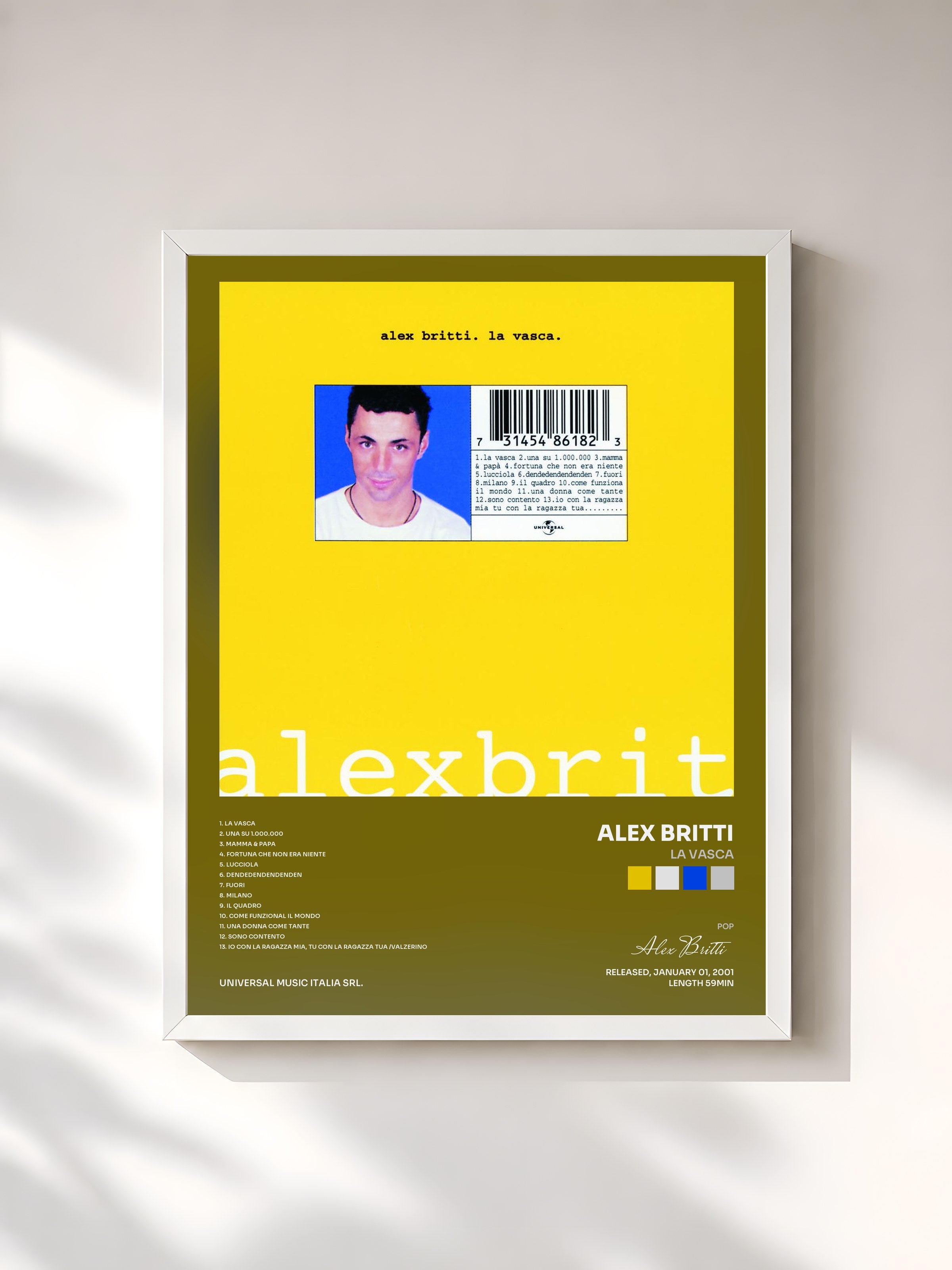 #blanc Tableau de l'album La Vasca de Alex Britti, cadre blanc, imprimé et encadré en France