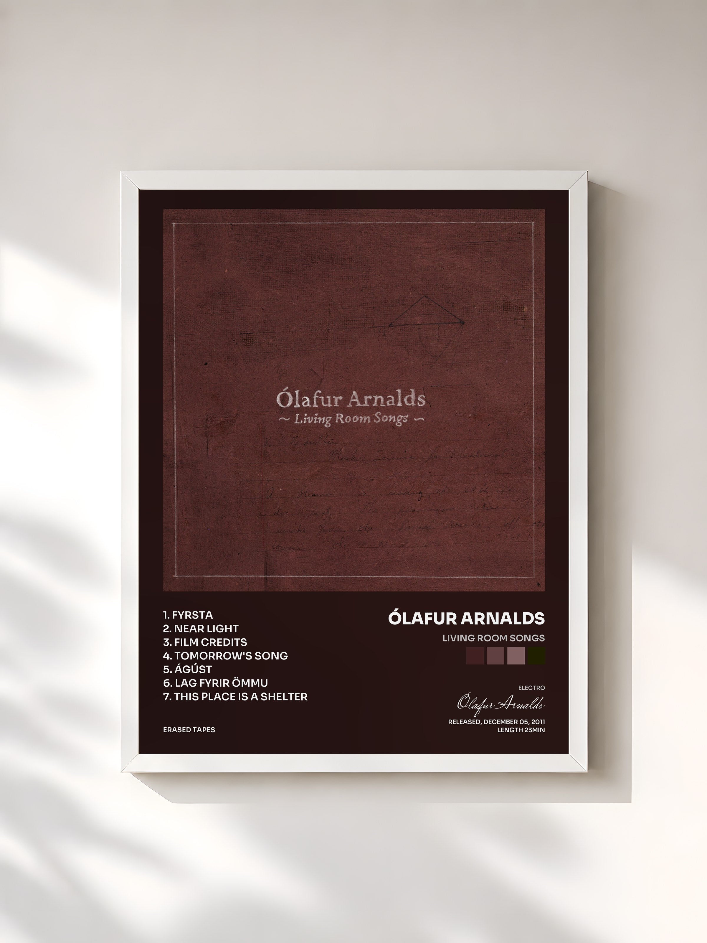 #blanc Tableau de l'album Living Room Songs de Ólafur Arnalds, cadre blanc, imprimé et encadré en France
