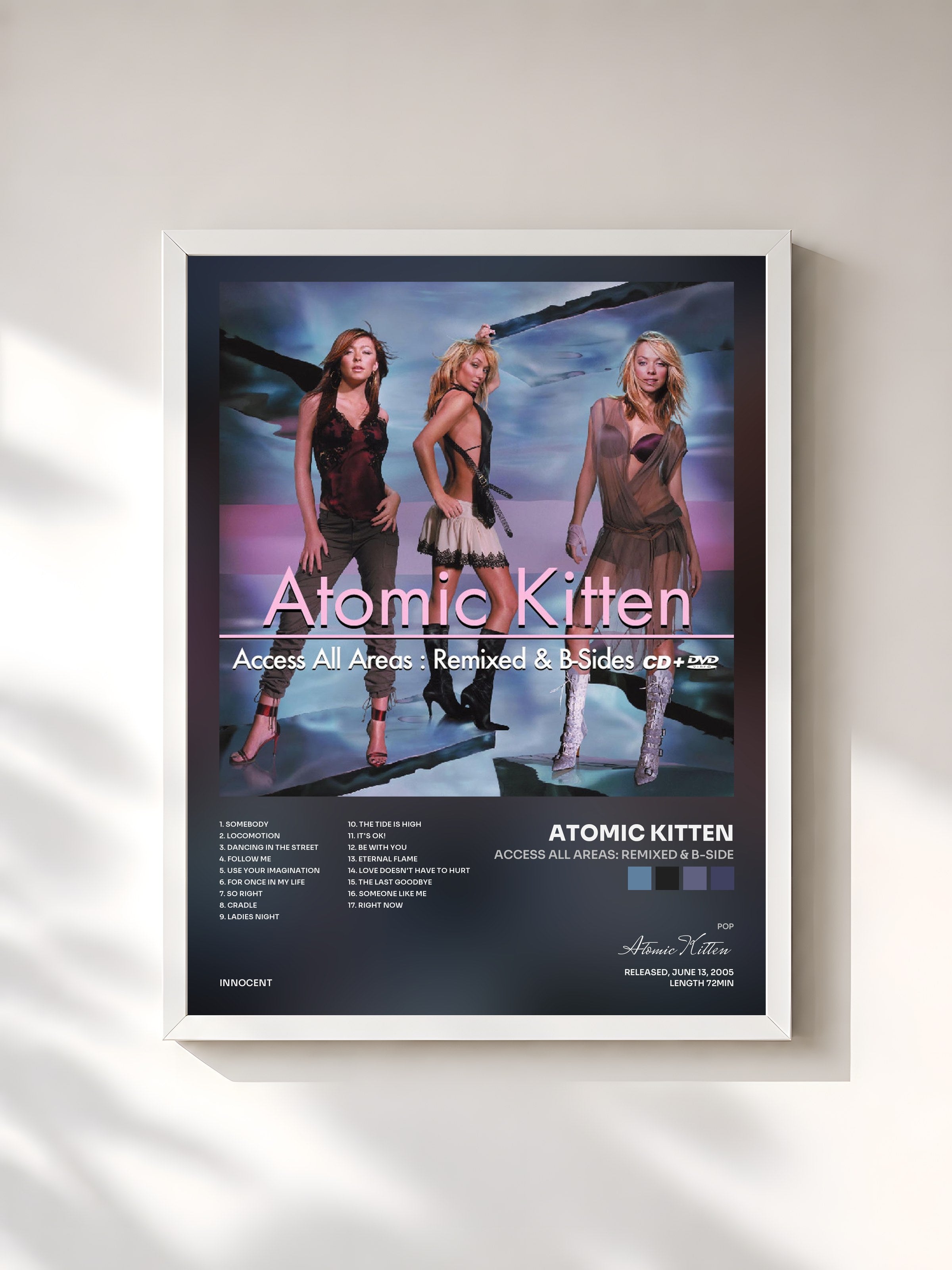 #blanc Tableau de l'album Access All Areas: Remixed & B-Side de Atomic Kitten, cadre blanc, imprimé et encadré en France