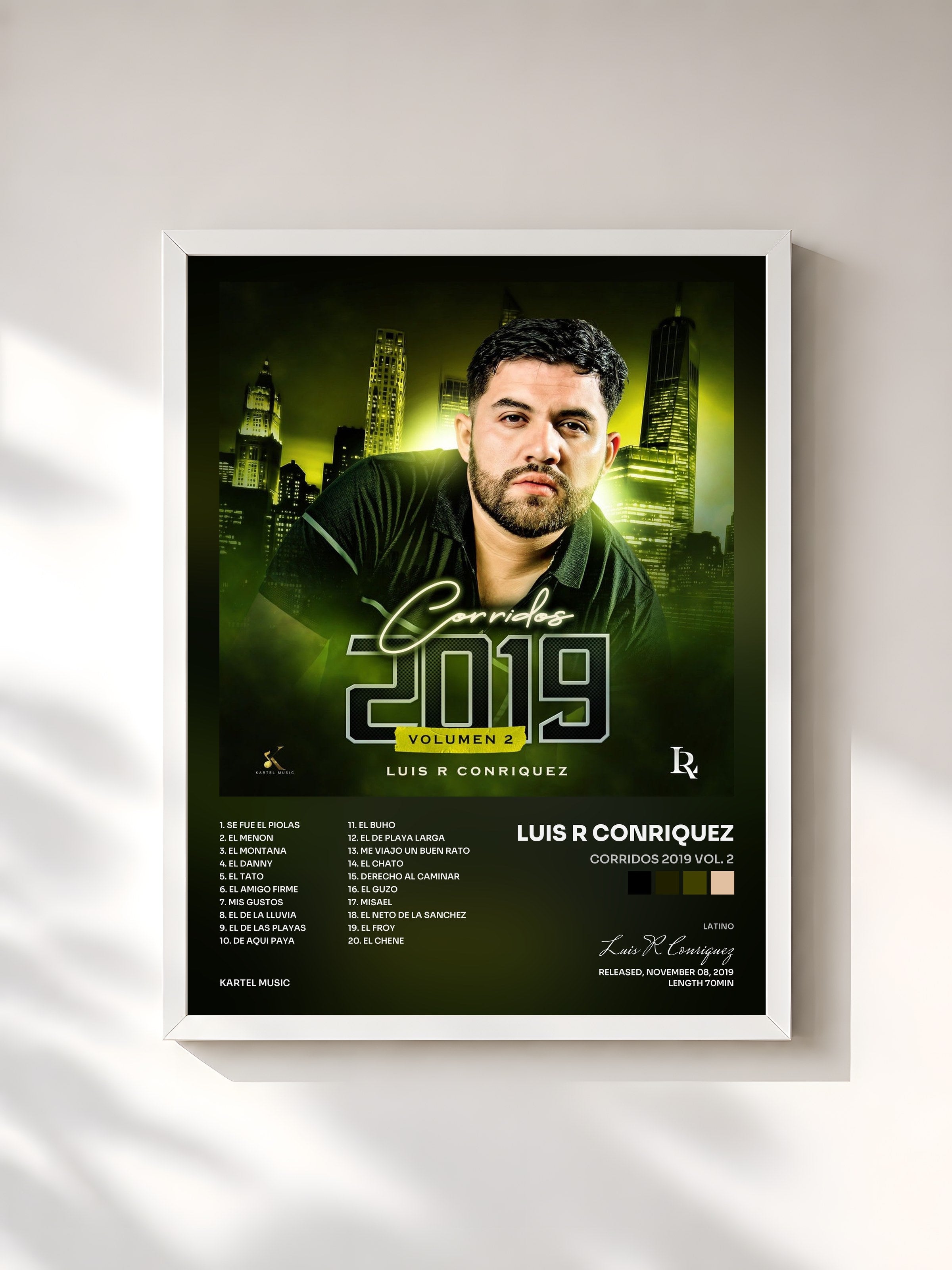 #blanc Tableau de l'album Corridos 2019 Vol. 2 de Luis R Conriquez, cadre blanc, imprimé et encadré en France
