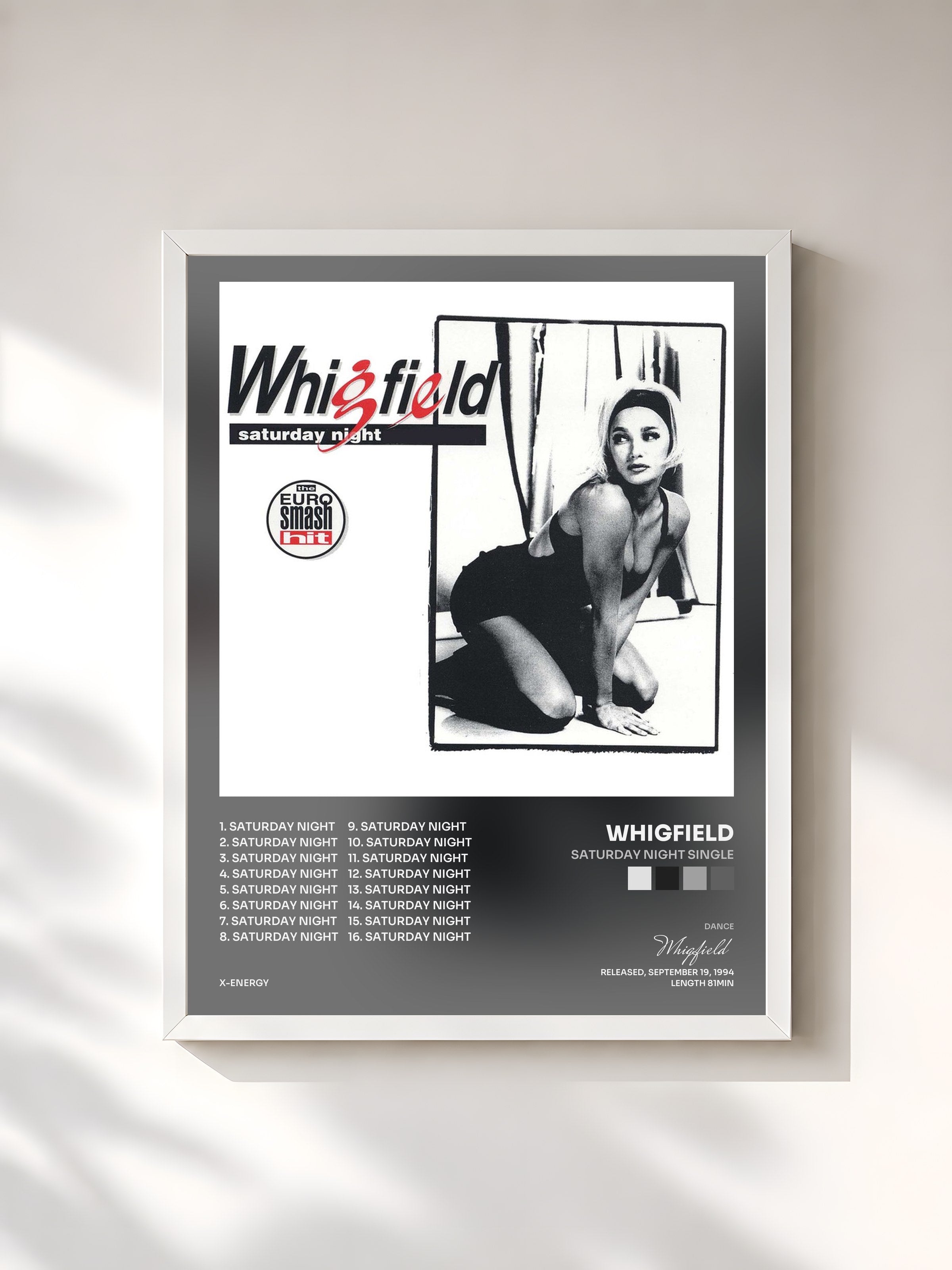 #blanc Tableau de l'album Saturday Night Single de Whigfield, cadre blanc, imprimé et encadré en France