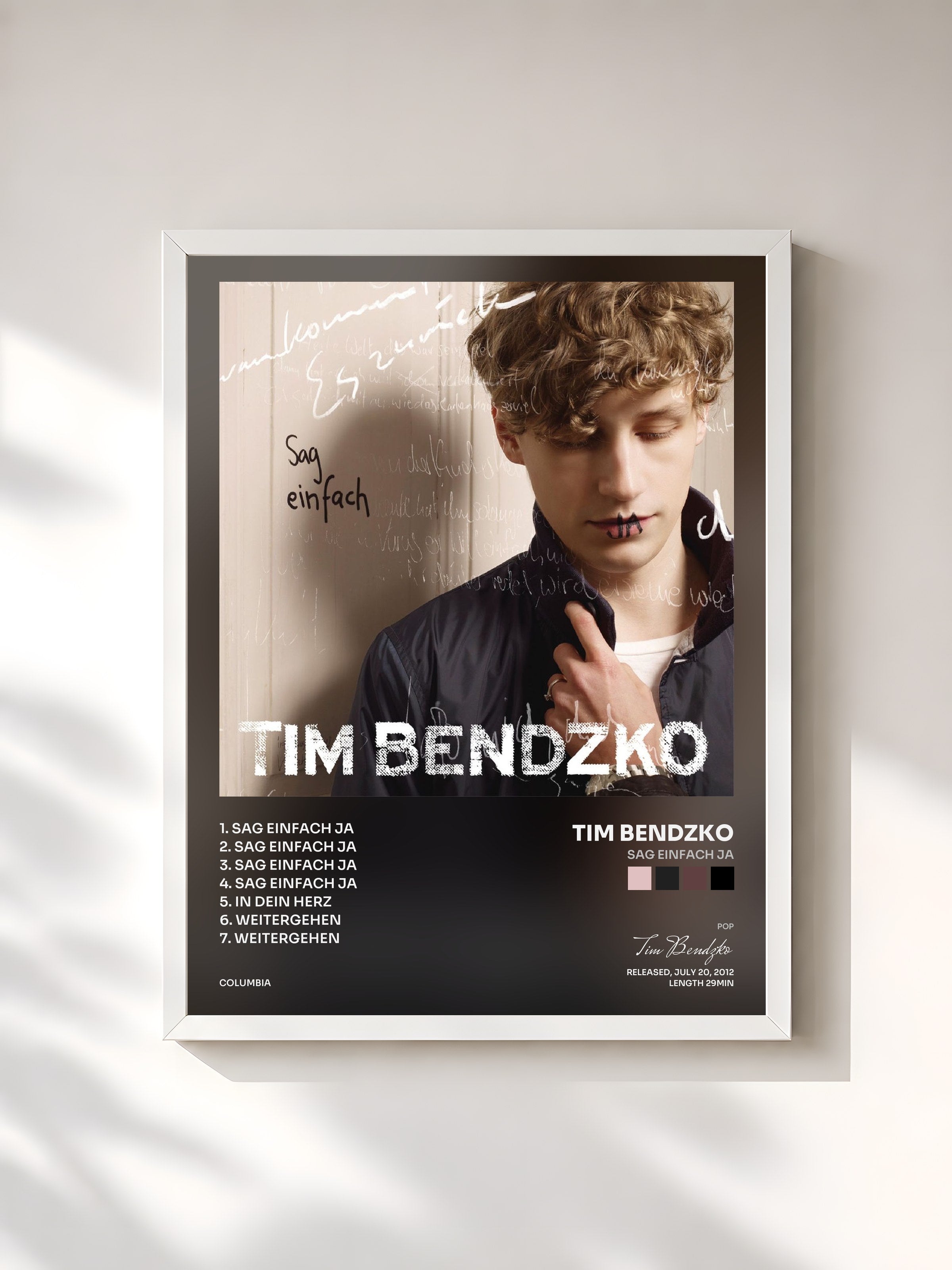 #blanc Tableau de l'album Sag einfach ja de Tim Bendzko, cadre blanc, imprimé et encadré en France