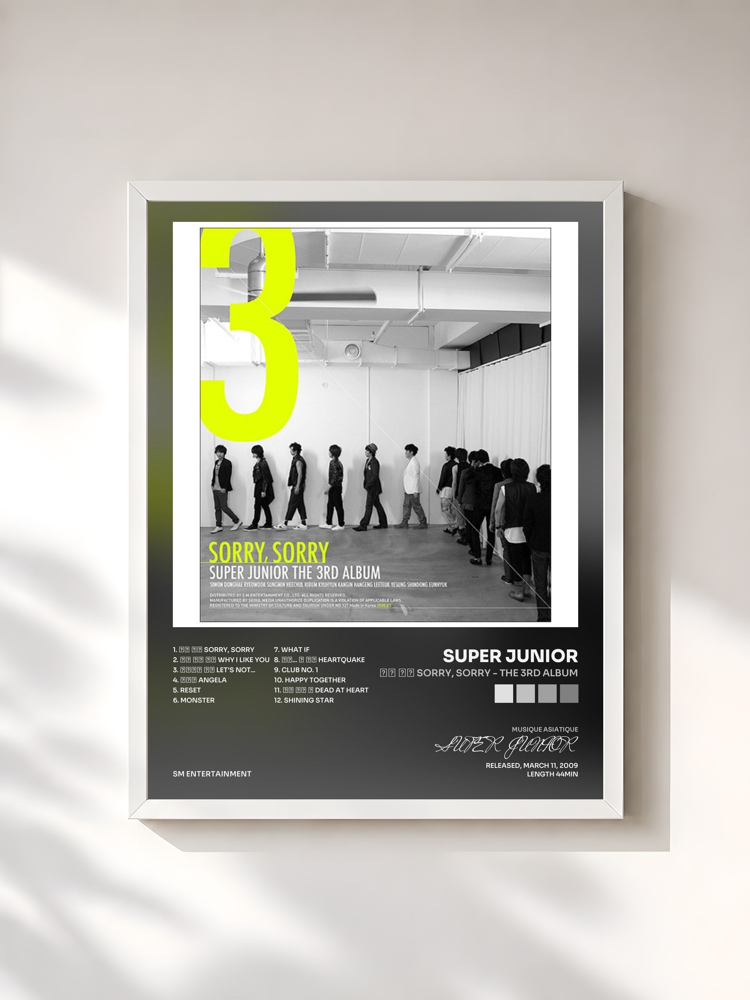 #blanc Tableau de l'album 쏘리 쏘리 SORRY, SORRY - The 3rd Album de SUPER JUNIOR, cadre blanc, imprimé et encadré en France
