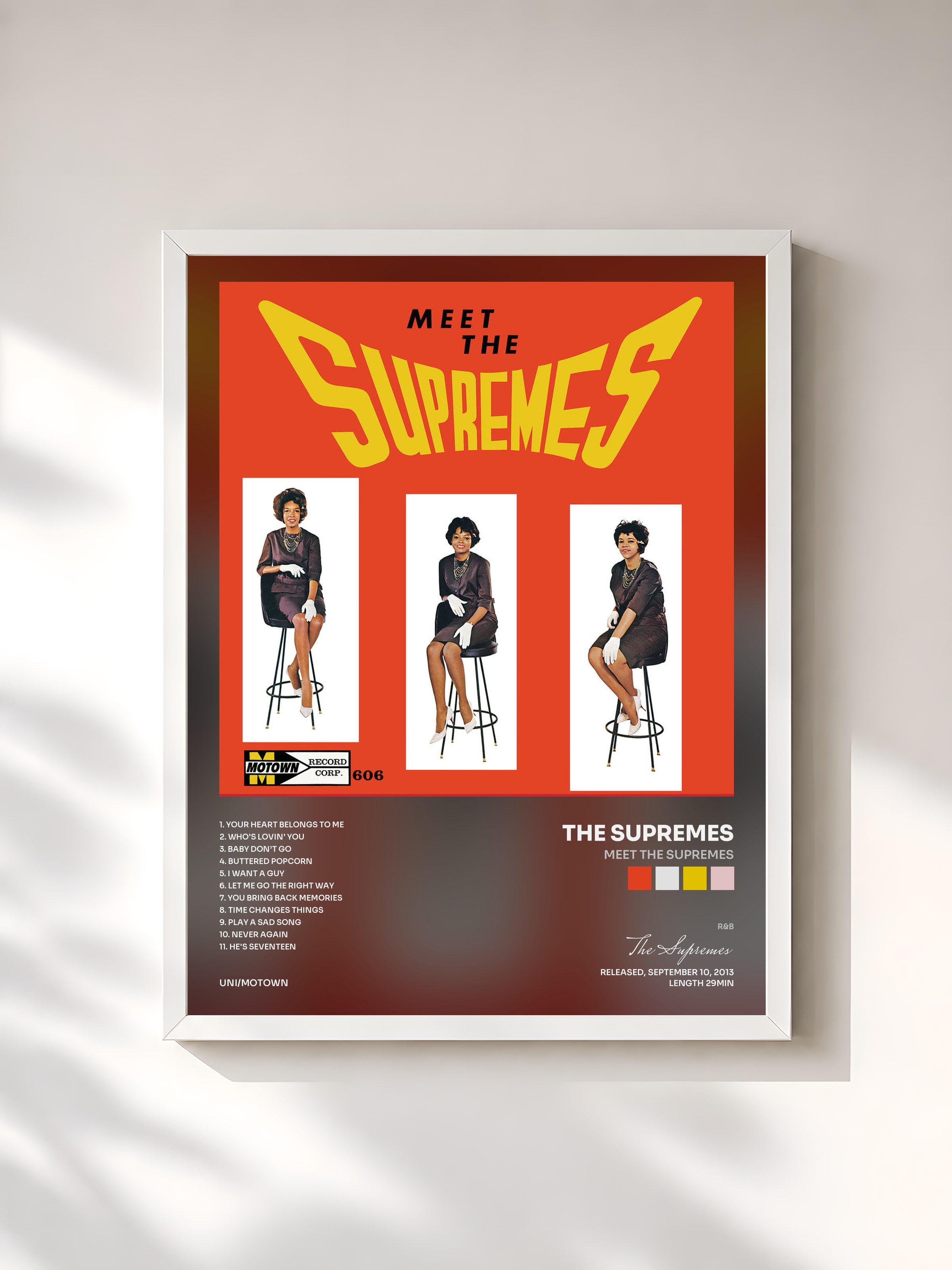 #blanc Tableau de l'album Meet The Supremes de The Supremes, cadre blanc, imprimé et encadré en France
