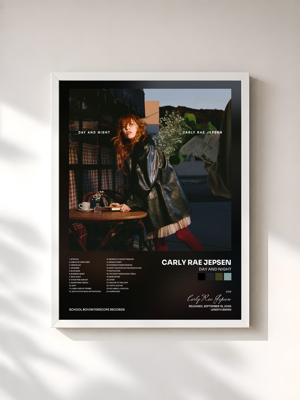 #blanc Tableau de l'album Day and Night de Carly Rae Jepsen, cadre blanc, imprimé et encadré en France