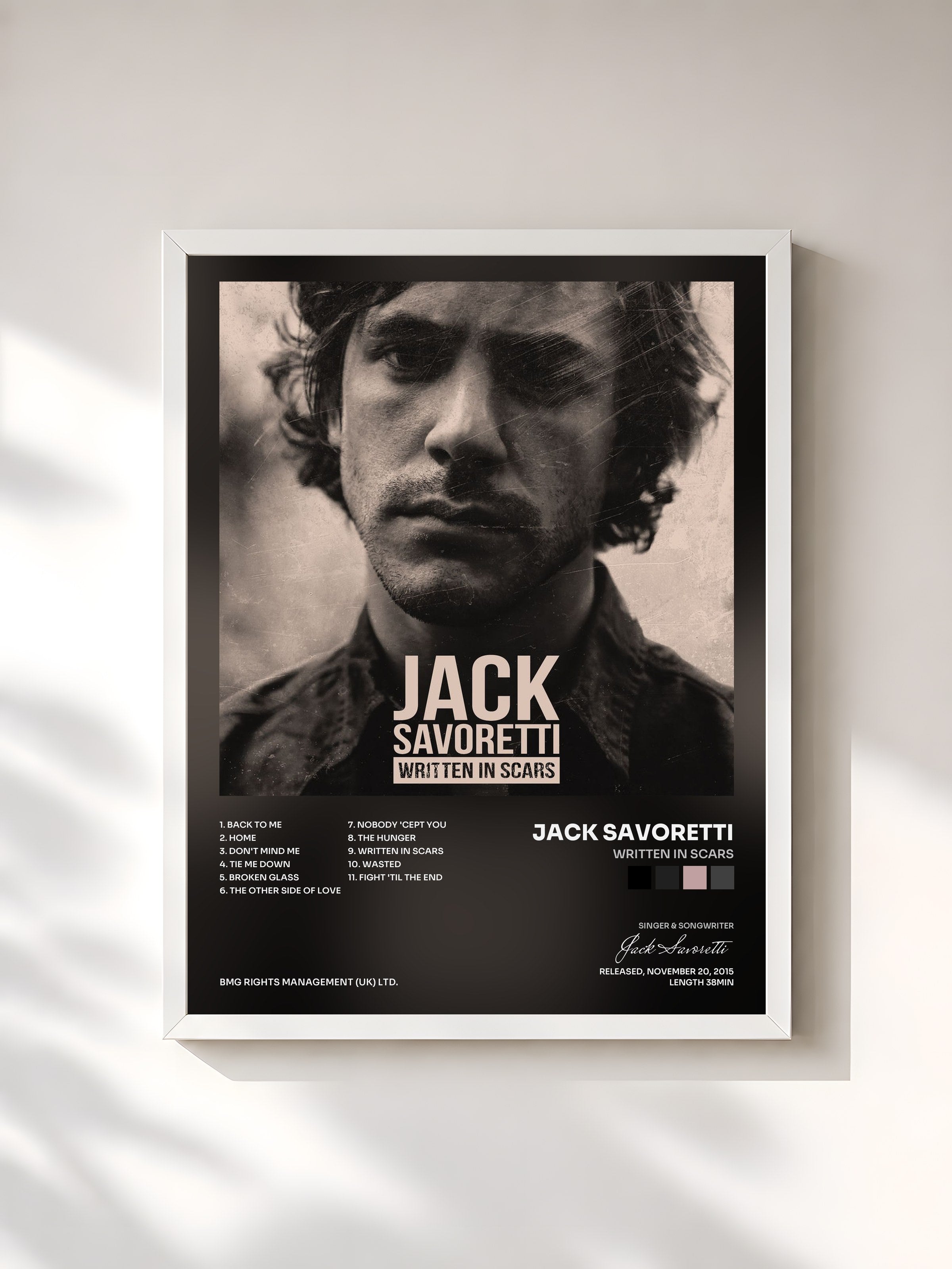 #blanc Tableau de l'album Written in Scars de Jack Savoretti, cadre blanc, imprimé et encadré en France