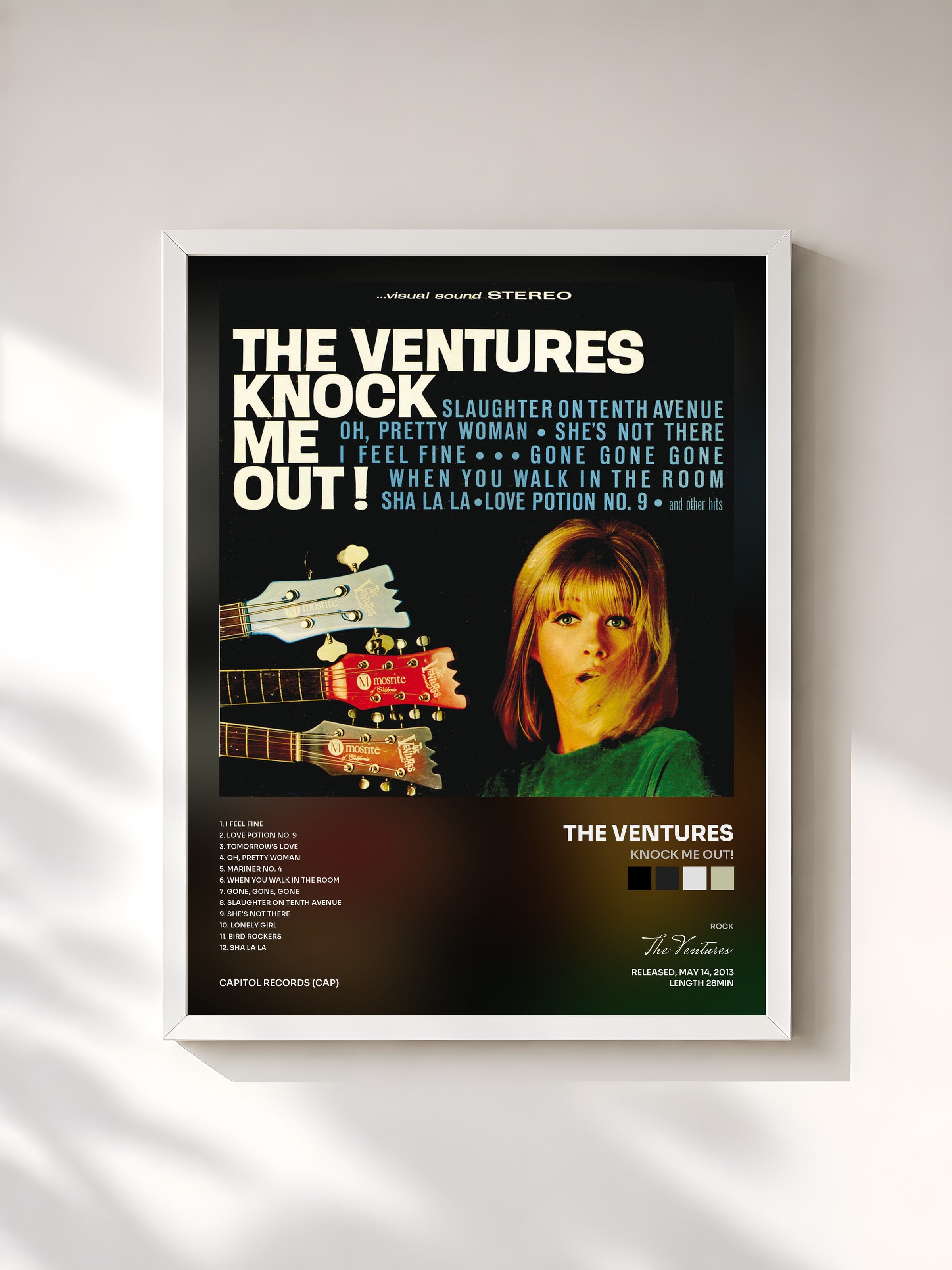 #blanc Tableau de l'album Knock Me Out! de The Ventures, cadre blanc, imprimé et encadré en France