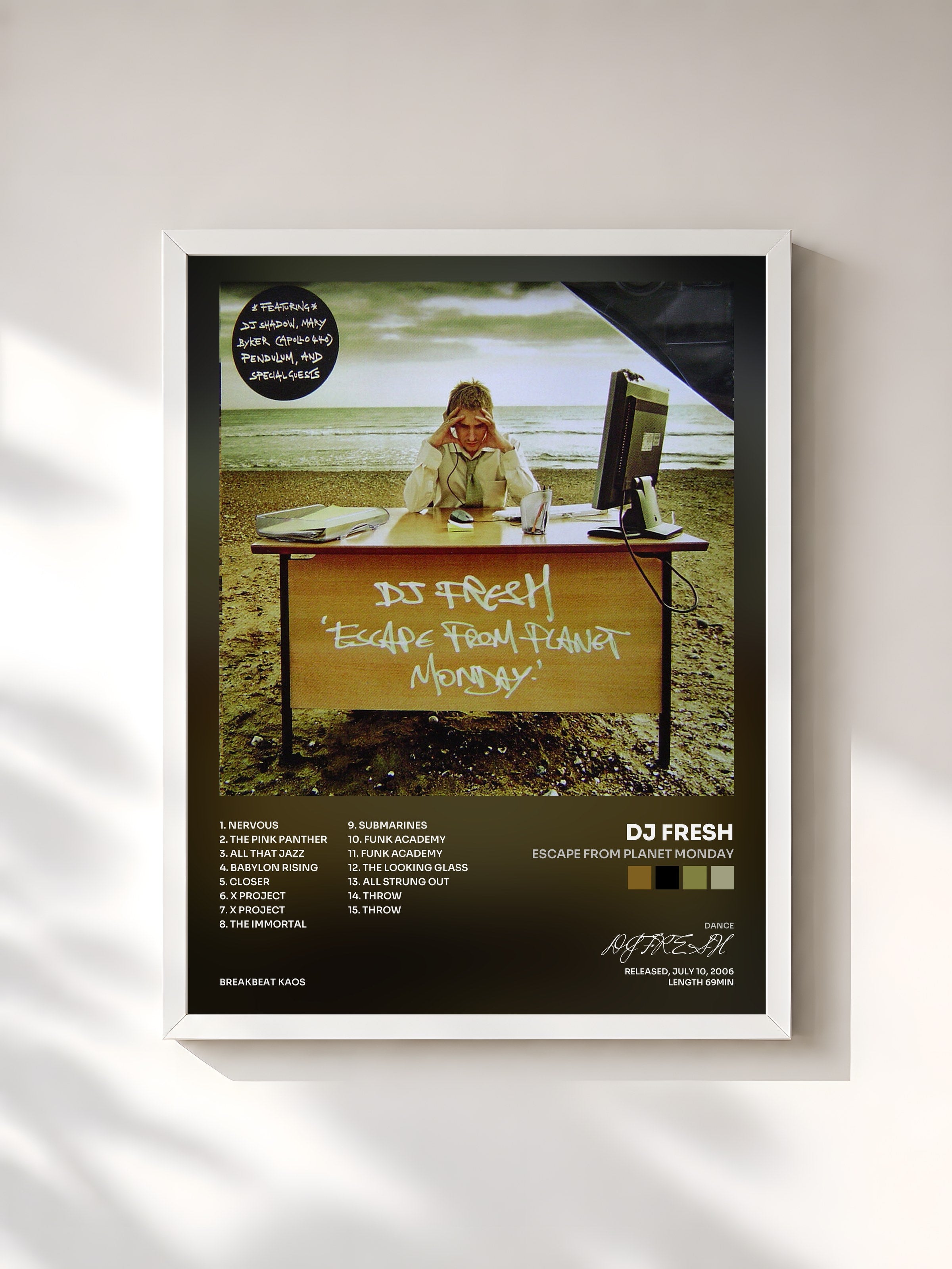 #blanc Tableau de l'album Escape From Planet Monday de DJ FRESH, cadre blanc, imprimé et encadré en France