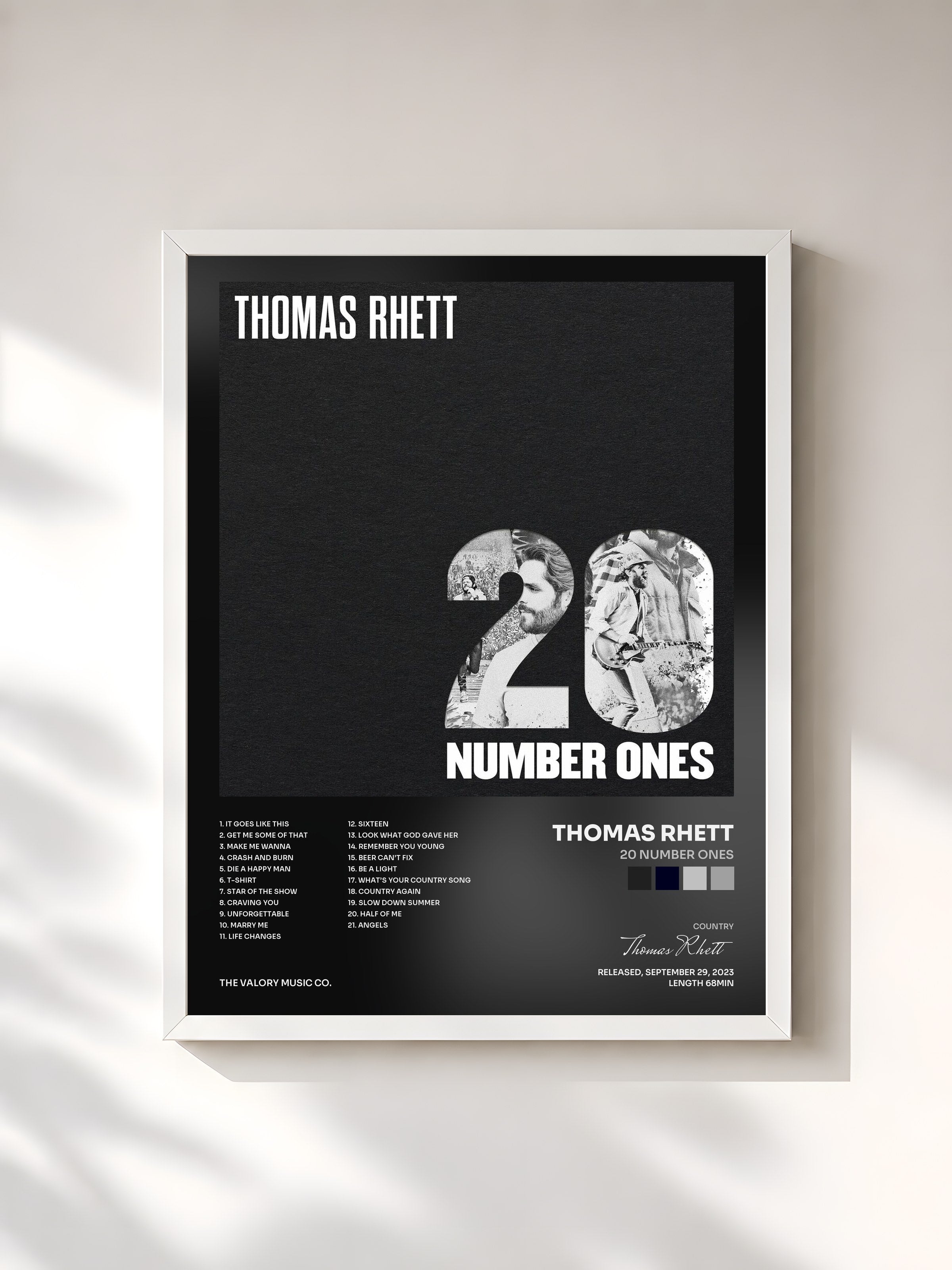 #blanc Tableau de l'album 20 Number Ones de Thomas Rhett, cadre blanc, imprimé et encadré en France