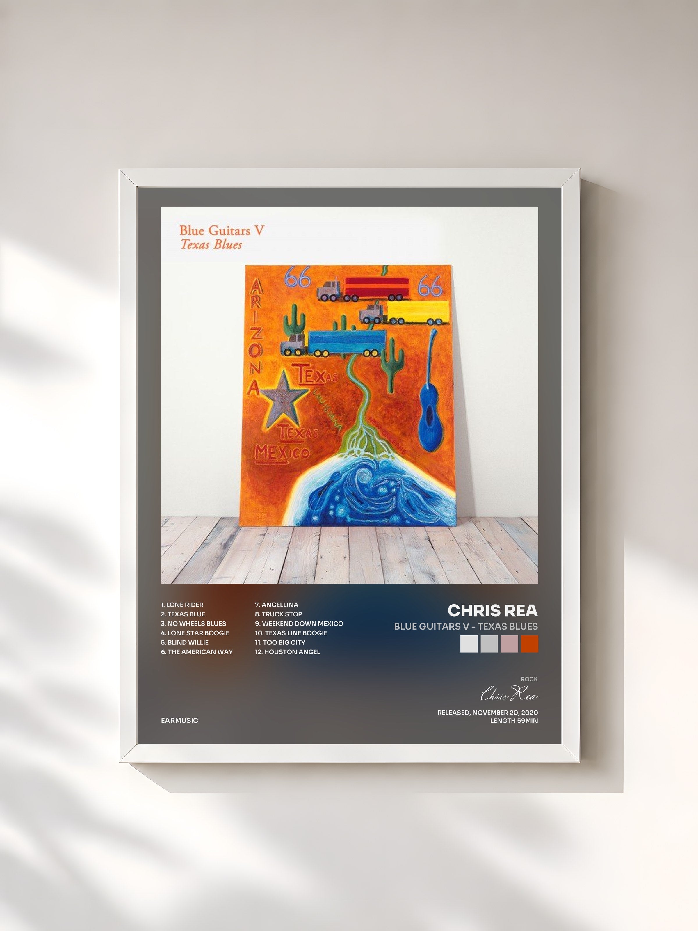 #blanc Tableau de l'album Blue Guitars V - Texas Blues de Chris Rea, cadre blanc, imprimé et encadré en France