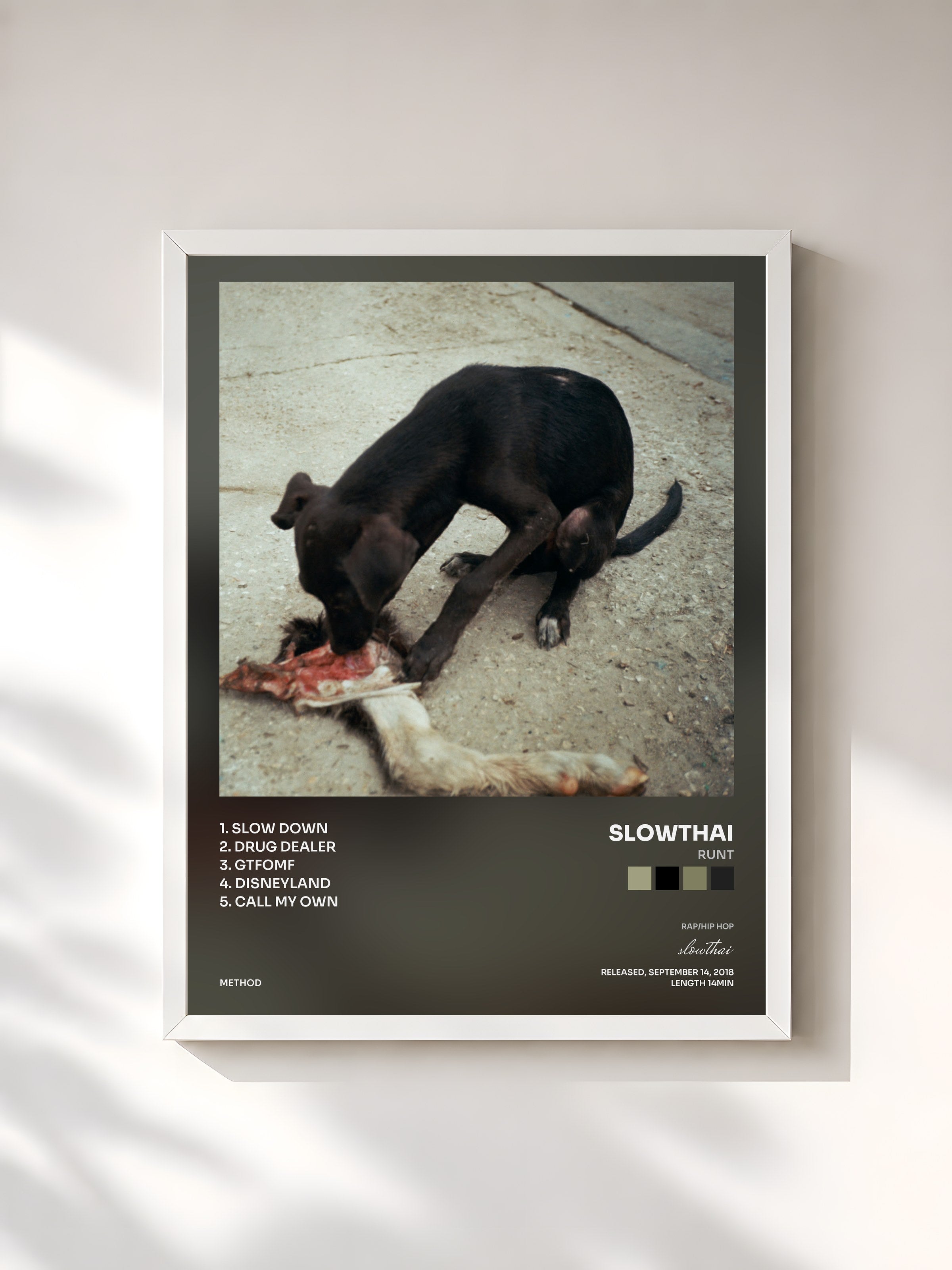 #blanc Tableau de l'album RUNT de slowthai, cadre blanc, imprimé et encadré en France