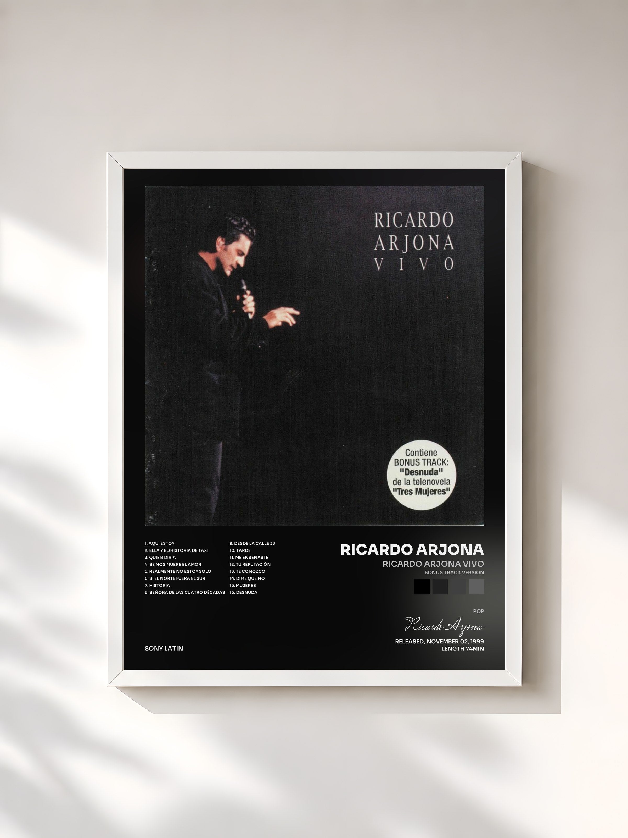 #blanc Tableau de l'album Ricardo Arjona Vivo (Bonus Track Version) de Ricardo Arjona, cadre blanc, imprimé et encadré en France