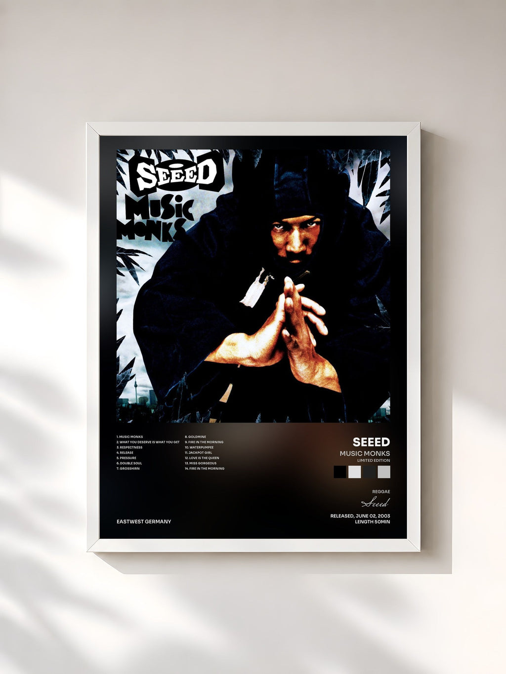 #blanc Tableau de l'album Music Monks (Limited Edition) de Seeed, cadre blanc, imprimé et encadré en France
