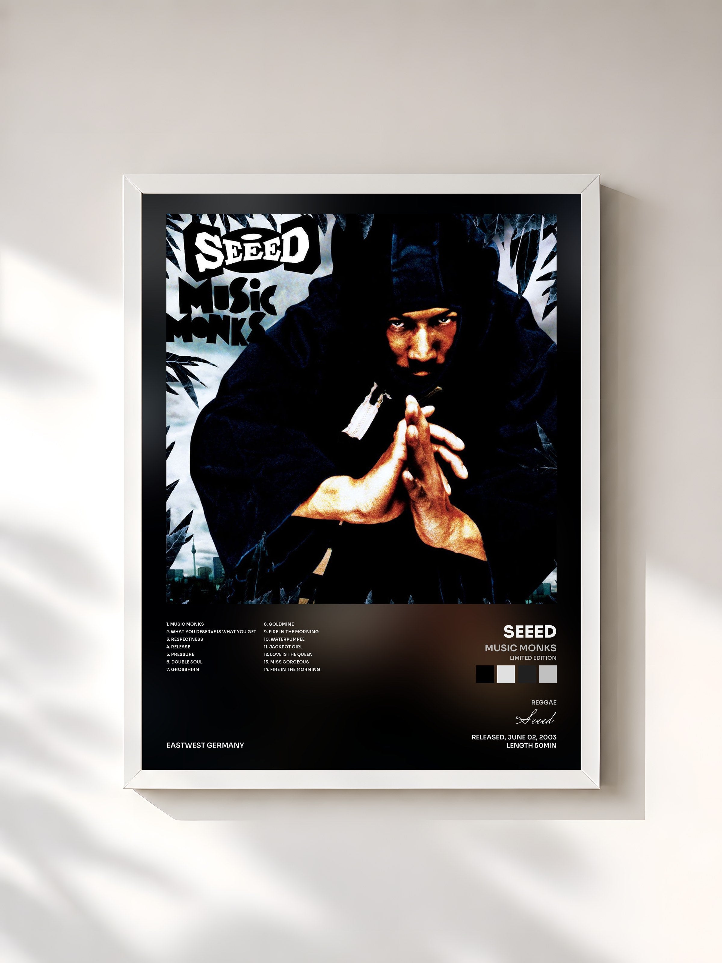 #blanc Tableau de l'album Music Monks (Limited Edition) de Seeed, cadre blanc, imprimé et encadré en France