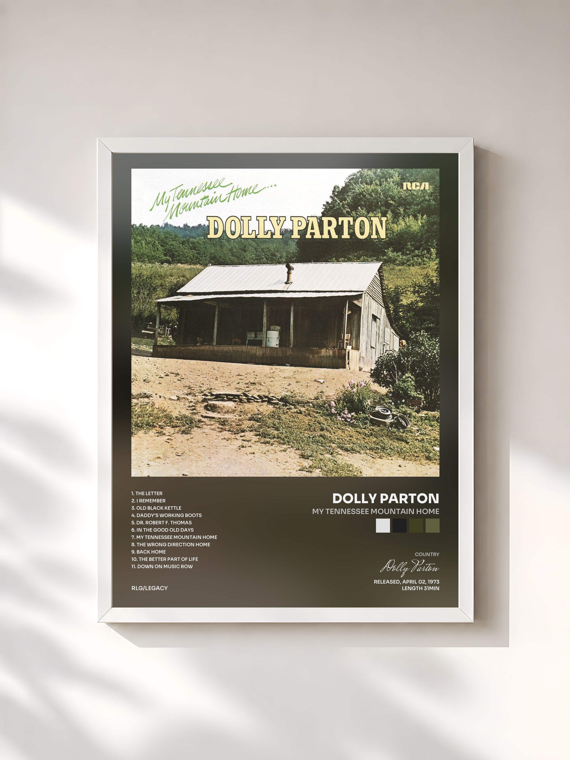 #blanc Tableau de l'album My Tennessee Mountain Home de Dolly Parton, cadre blanc, imprimé et encadré en France