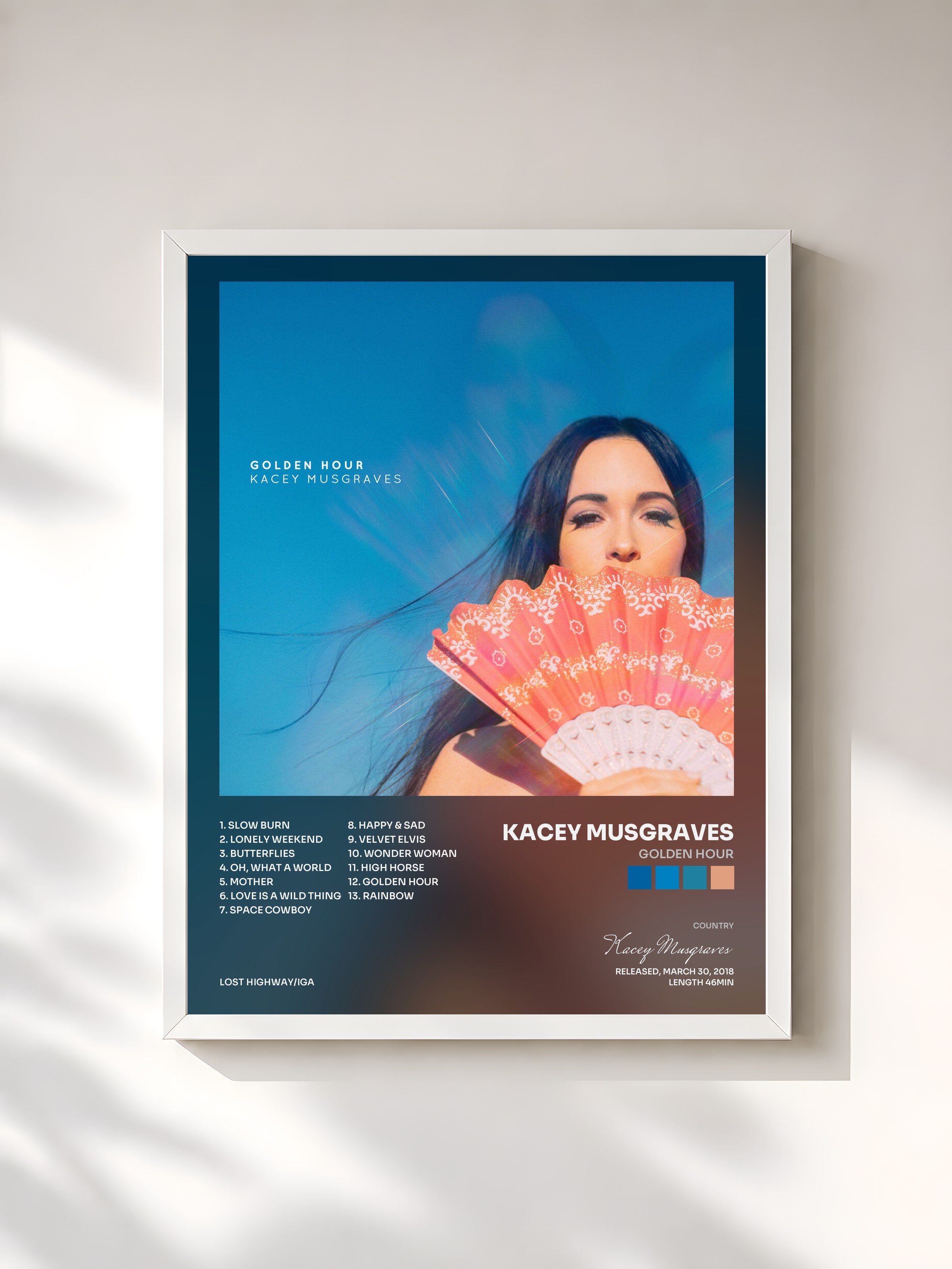 #blanc Tableau de l'album Golden Hour de Kacey Musgraves, cadre blanc, imprimé et encadré en France