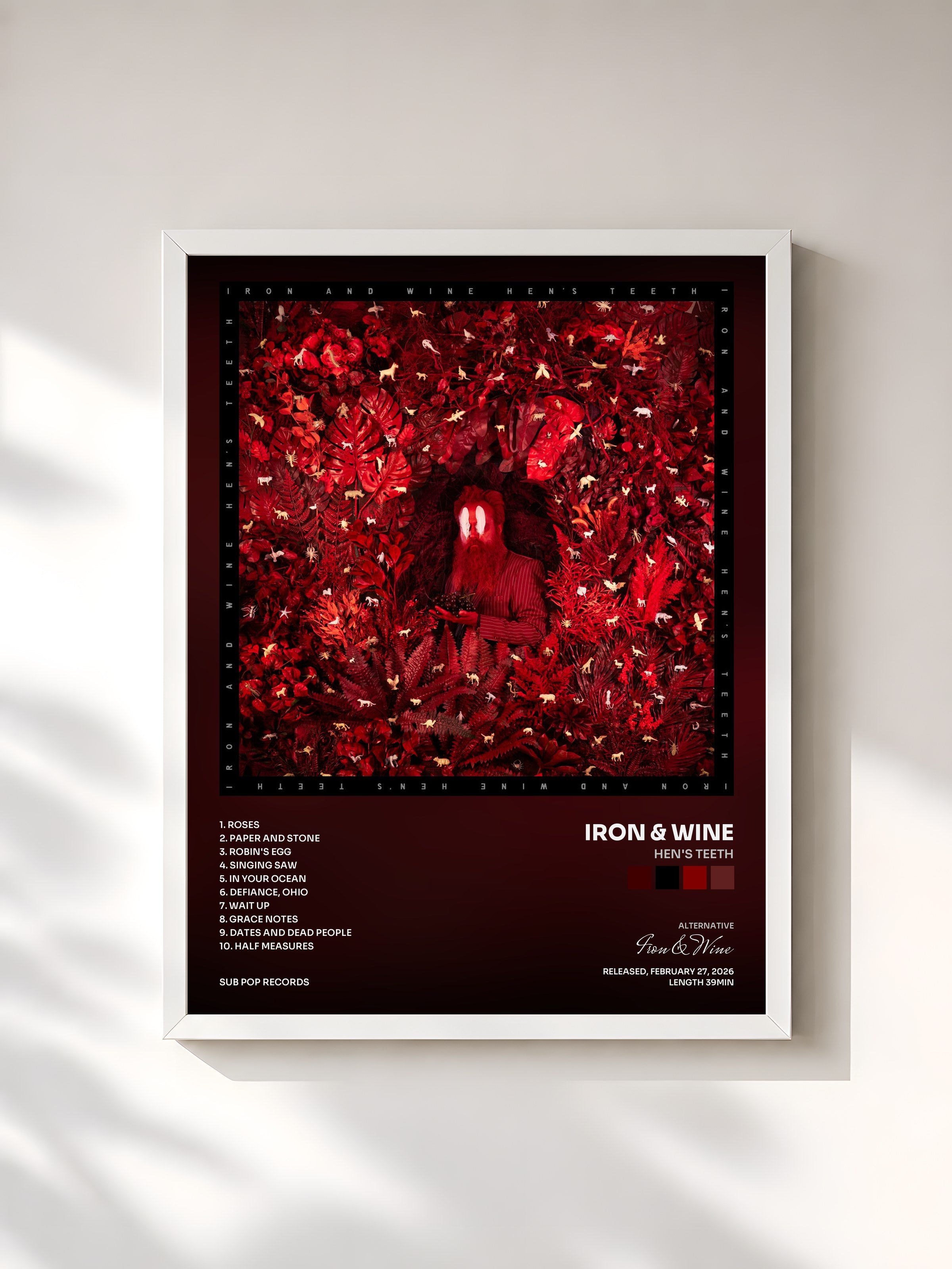 #blanc Tableau de l'album Hen's Teeth de Iron & Wine, cadre blanc, imprimé et encadré en France