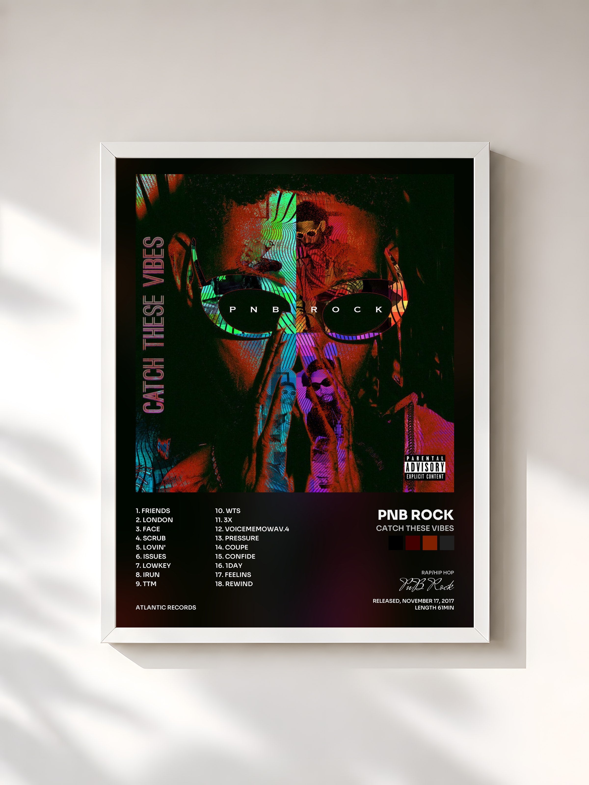 #blanc Tableau de l'album Catch These Vibes de PnB Rock, cadre blanc, imprimé et encadré en France
