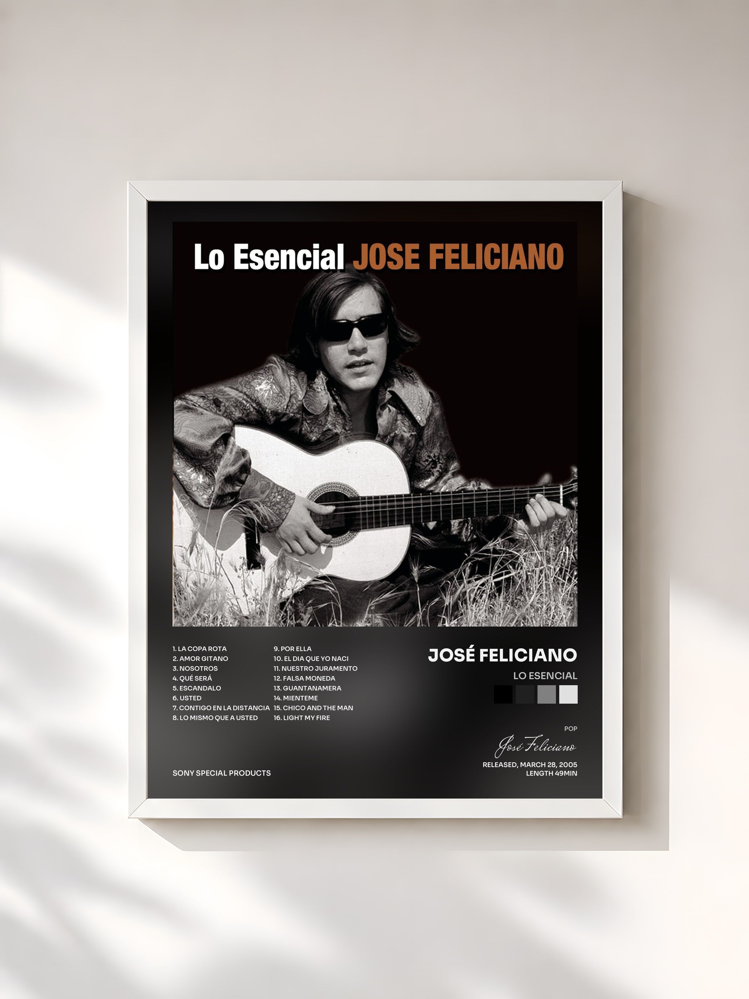 #blanc Tableau de l'album Lo Esencial de José Feliciano, cadre blanc, imprimé et encadré en France