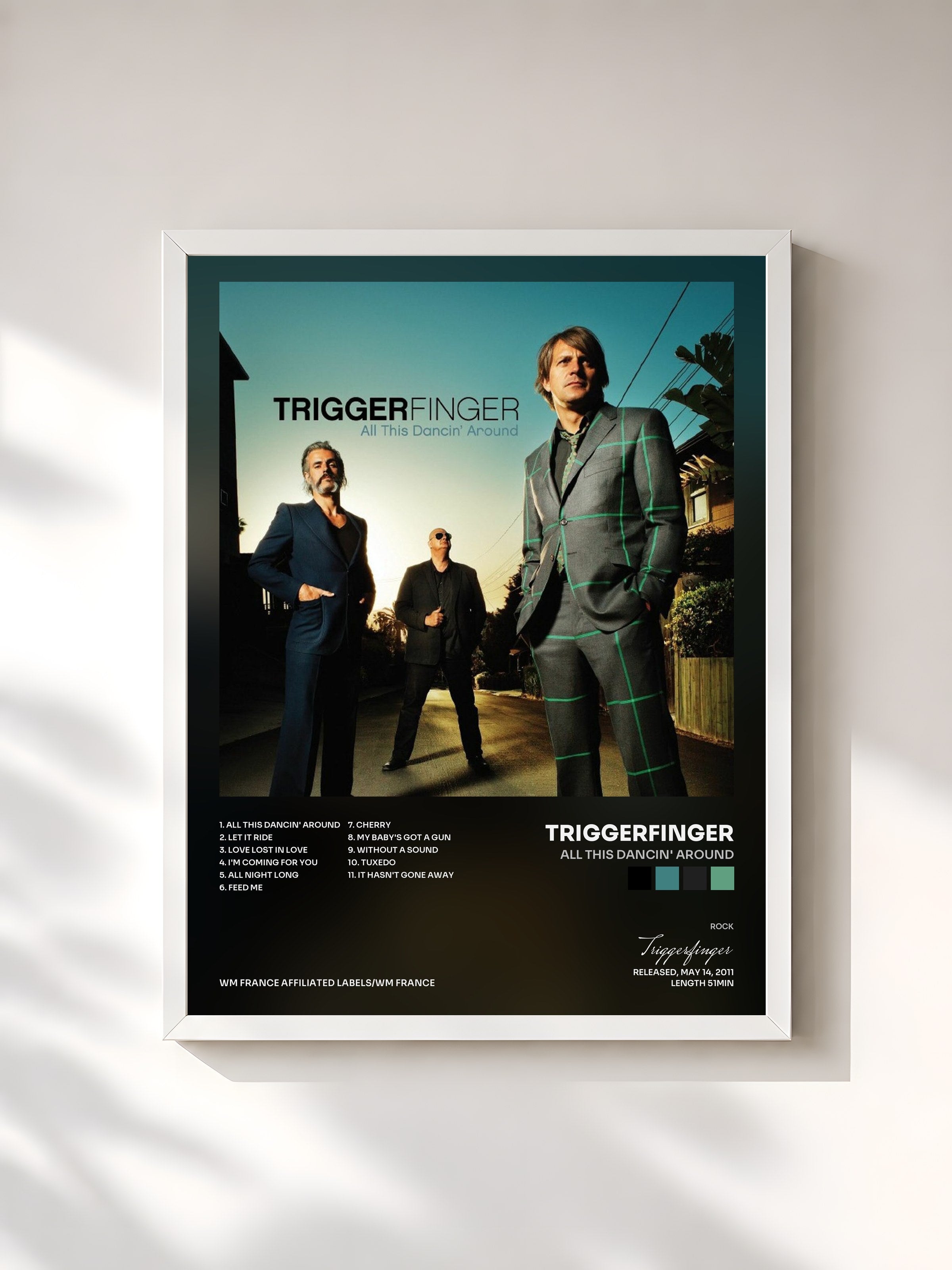 #blanc Tableau de l'album All This Dancin' Around de Triggerfinger, cadre blanc, imprimé et encadré en France